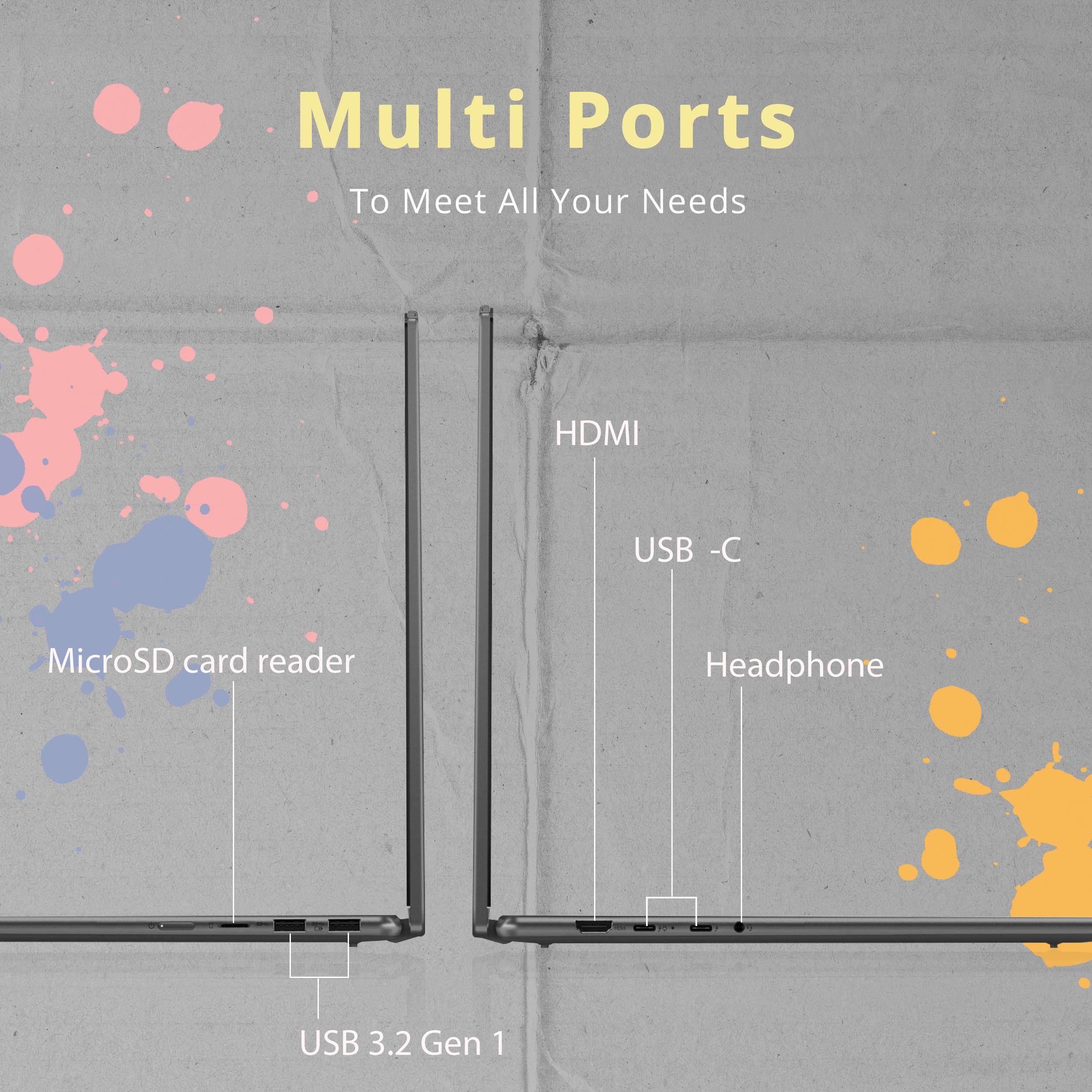 Multi Ports  
To Meet All Your Needs

- HDMI
- USB-C
- Headphone
- MicroSD card reader
- USB 3.2 Gen 1