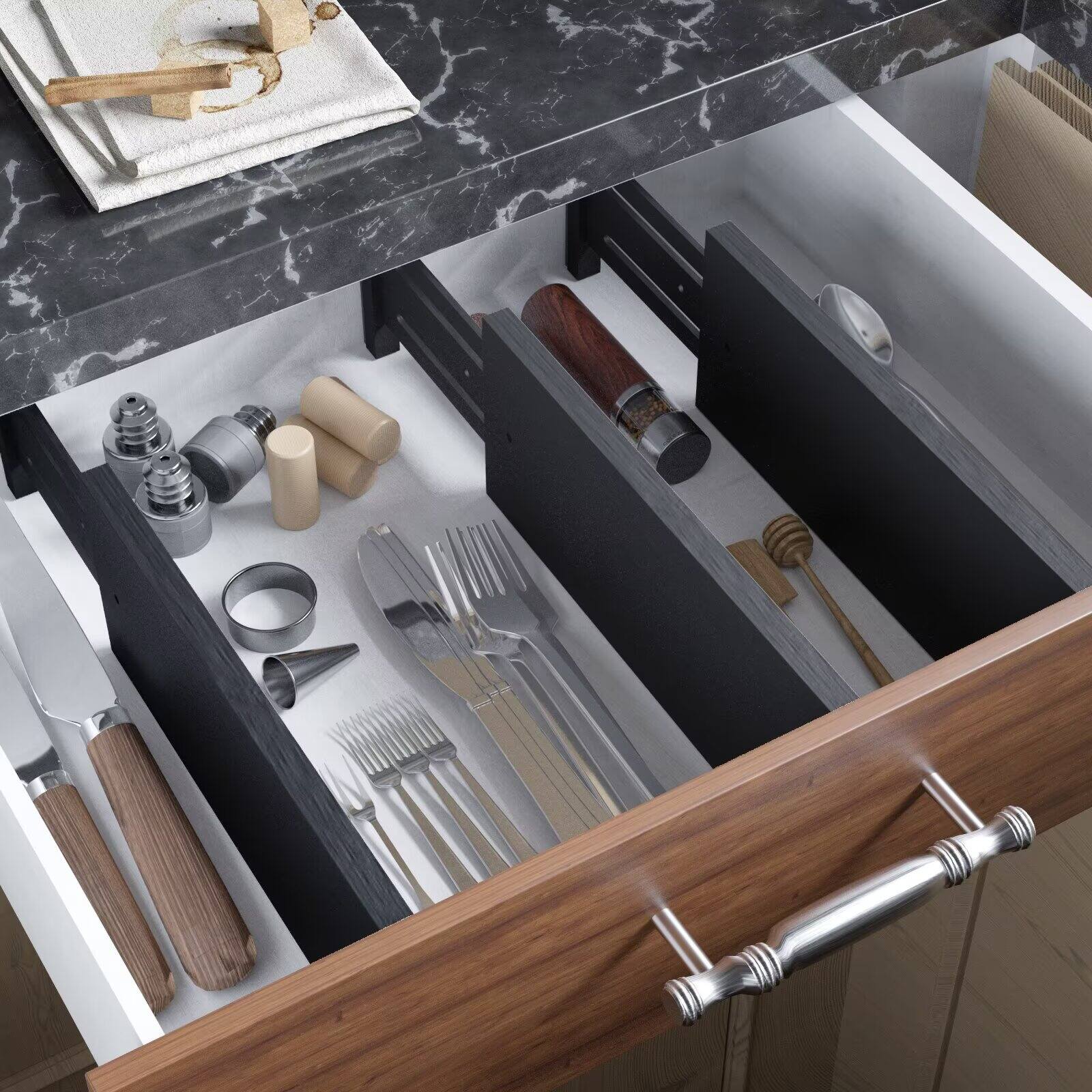 Alt View 1. Tooloton - Adjustable Drawer Dividers 6-Pack, 4.65" High Bamboo Organizer Expands 12.5" to 17" for Clothing Storage, Black - Black.