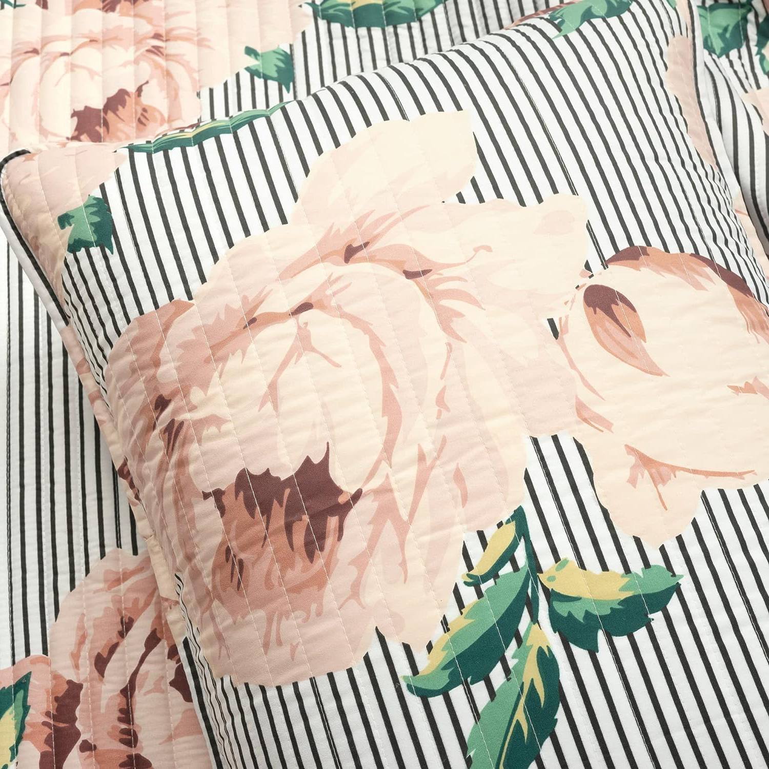 Left. Hivvago - Twin/Twin XL Size Polyester Black White Striped Rose Floral 2 Piece Quilt Set - Black White Striped Rose.