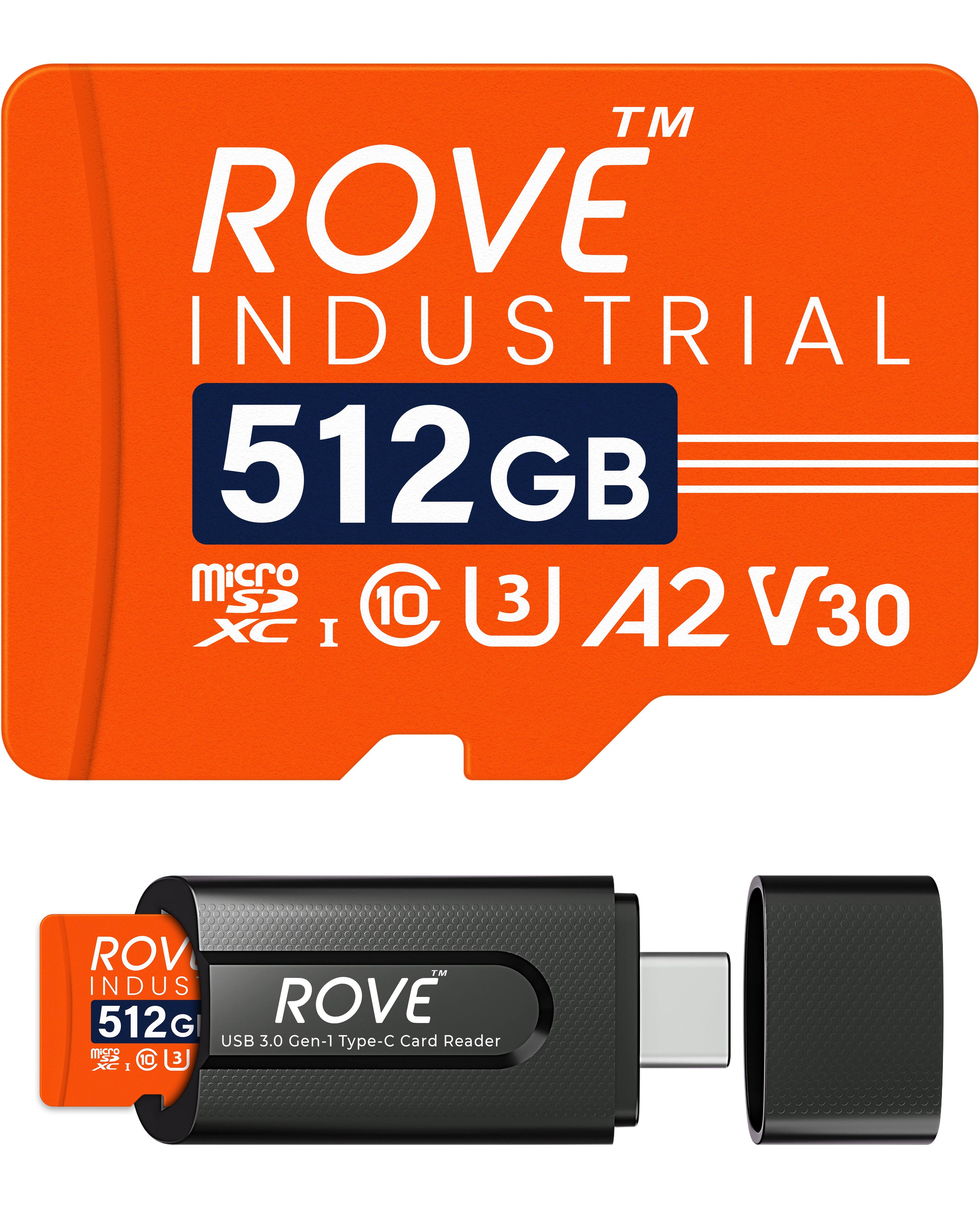 ROVE - Industrial microSDXC High Endurance Memory Card with USB 3.0 Card Reader, 100MB/s Read Speed, C10, U3, V30, 4K, A2