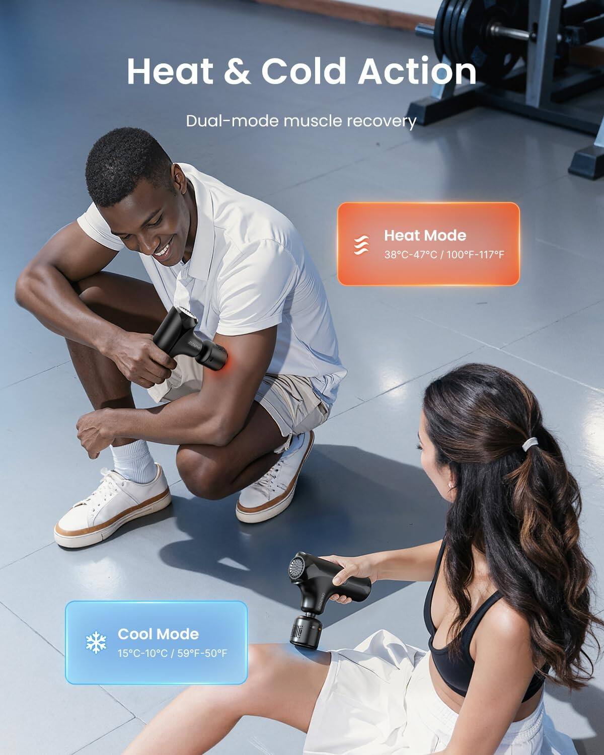 Heat & Cold Action  
Dual-mode muscle recovery  
Heat Mode: 38°C-47°C / 100°F-117°F  
Cool Mode: 15°C-10°C / 59°F-50°F