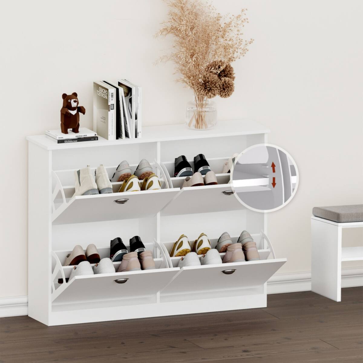 Back. HTUTWOO - Shoe Cabinet with 4 Flip-Top Drawers,Hidden Narrow Shoe Rack Cabinet for Entryway Hallway Bedroom, Family Use. - White.