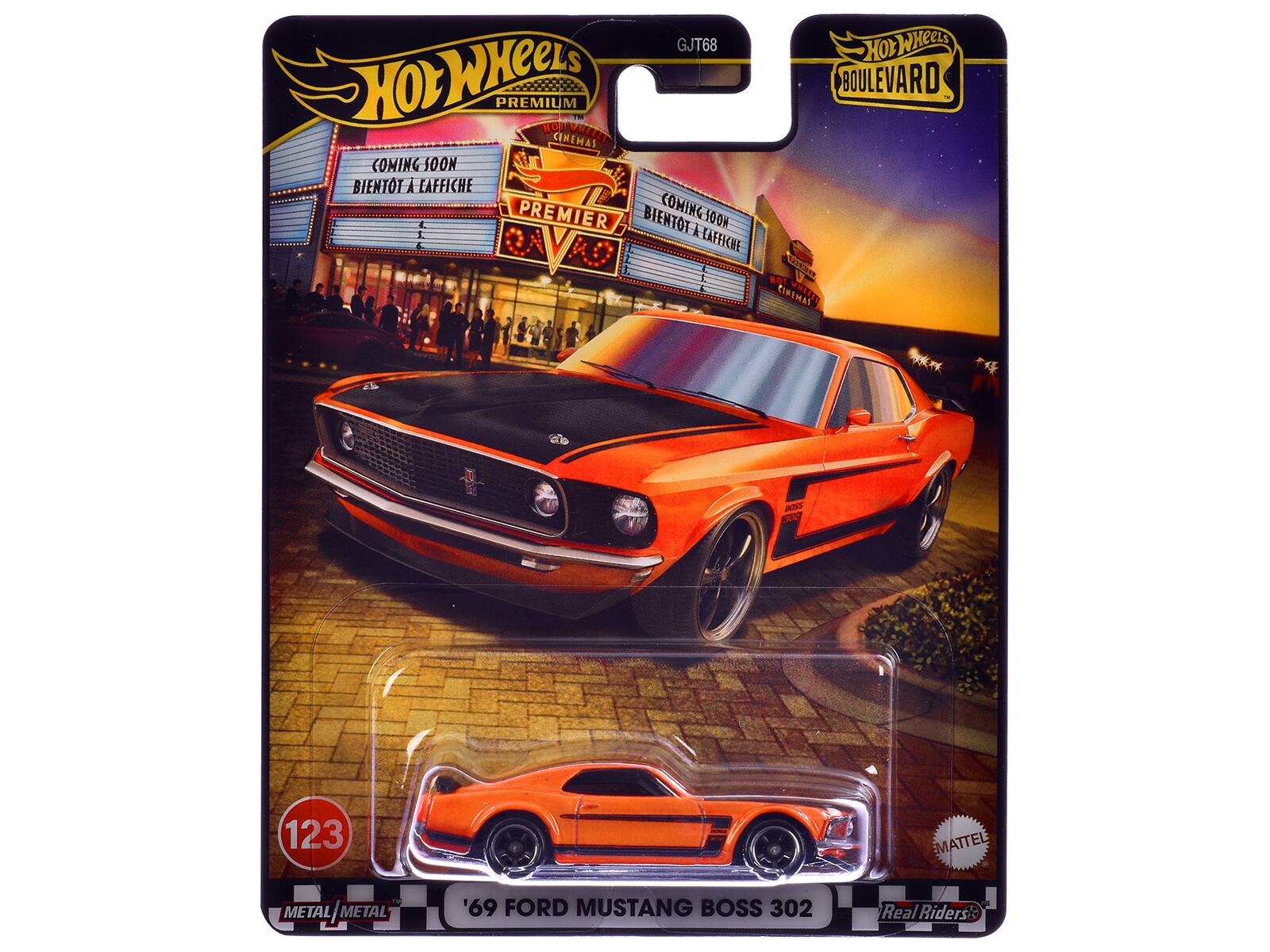 1969 Ford Mustang Boss 302 Stripes and Hood "Boulevard" Series Diecast Model Car by Hot Wheels - Orange with Black