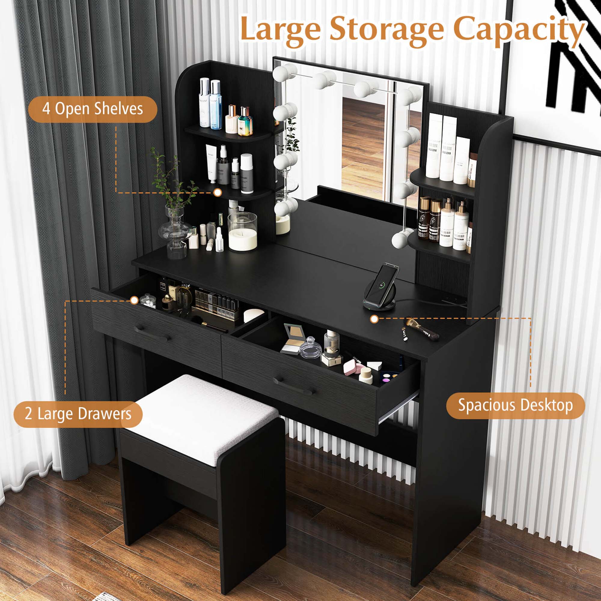 Large Storage Capacity

4 Open Shelves

2 Large Drawers

Spacious Desktop