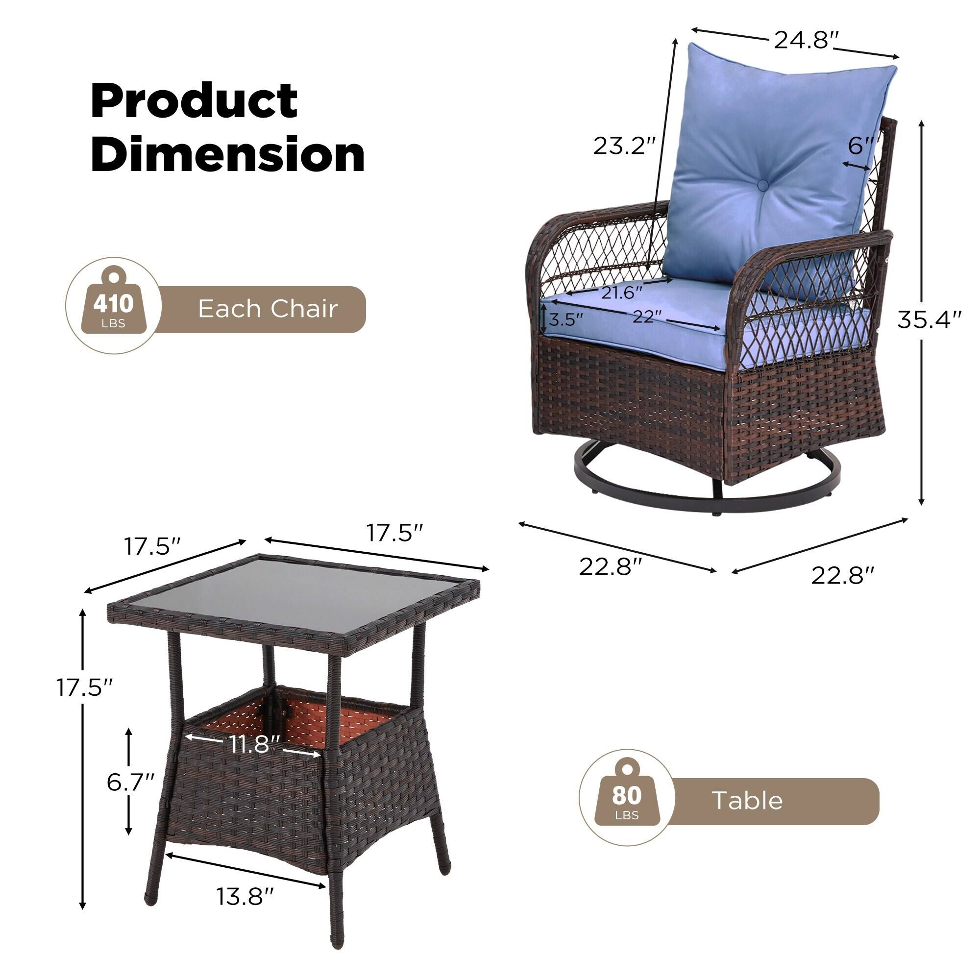 Product Dimension

Each Chair
- 24.8" (Height)
- 23.2" (Width)
- 6" (Depth)
- 35.4" (Height)
- 21.6" (Seat Width)
- 3.5" (Seat Depth)
- 22" (Seat Height)
- 17.5" (Armrest Height)
- 22.8" (Leg Width)
- 22.8" (Leg Depth)
- 17.5" (Leg Height)
- 6.7" (Leg Width)
- 11.8" (Leg Depth)
- 13.8" (Leg Height)
- 410 LBS (Weight Capacity)

Table
- 17.5" (Width)
- 17.5" (Depth)
- 17.5" (Height)
- 6.7" (Top Height)
- 11.8" (Storage Height)
- 13.8" (Leg Height)
- 80 LBS (Weight Capacity)