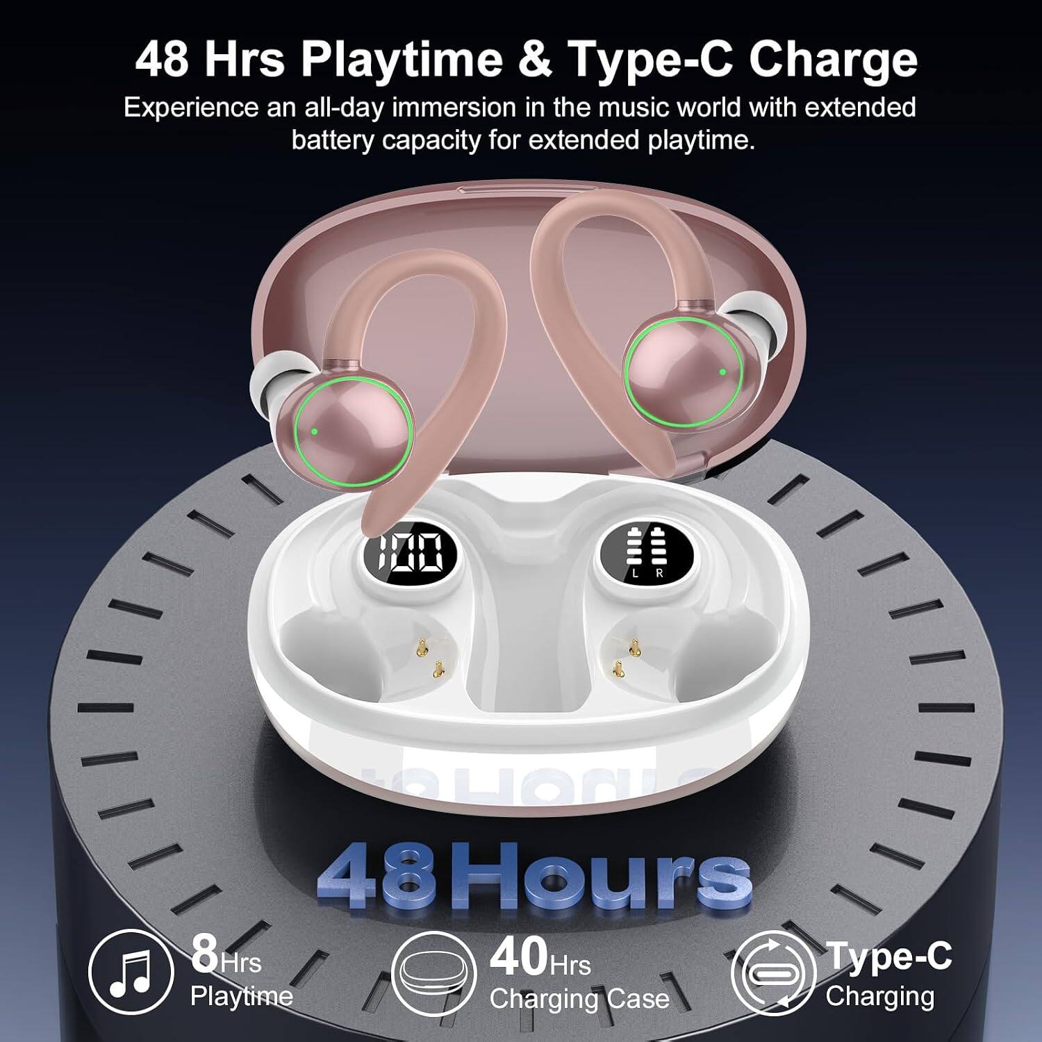 48 Hrs Playtime & Type-C Charge  
Experience an all-day immersion in the music world with extended battery capacity for extended playtime.  

8 Hrs Playtime  
40 Hrs Charging Case  
Type-C Charging