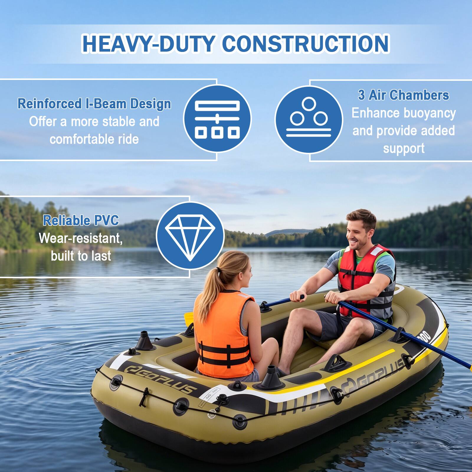 HEAVY-DUTY CONSTRUCTION

- Reinforced I-Beam Design
  - Offer a more stable and comfortable ride

- 3 Air Chambers
  - Enhance buoyancy and provide added support

- Reliable PVC
  - Wear-resistant, built to last

AGOPLUS