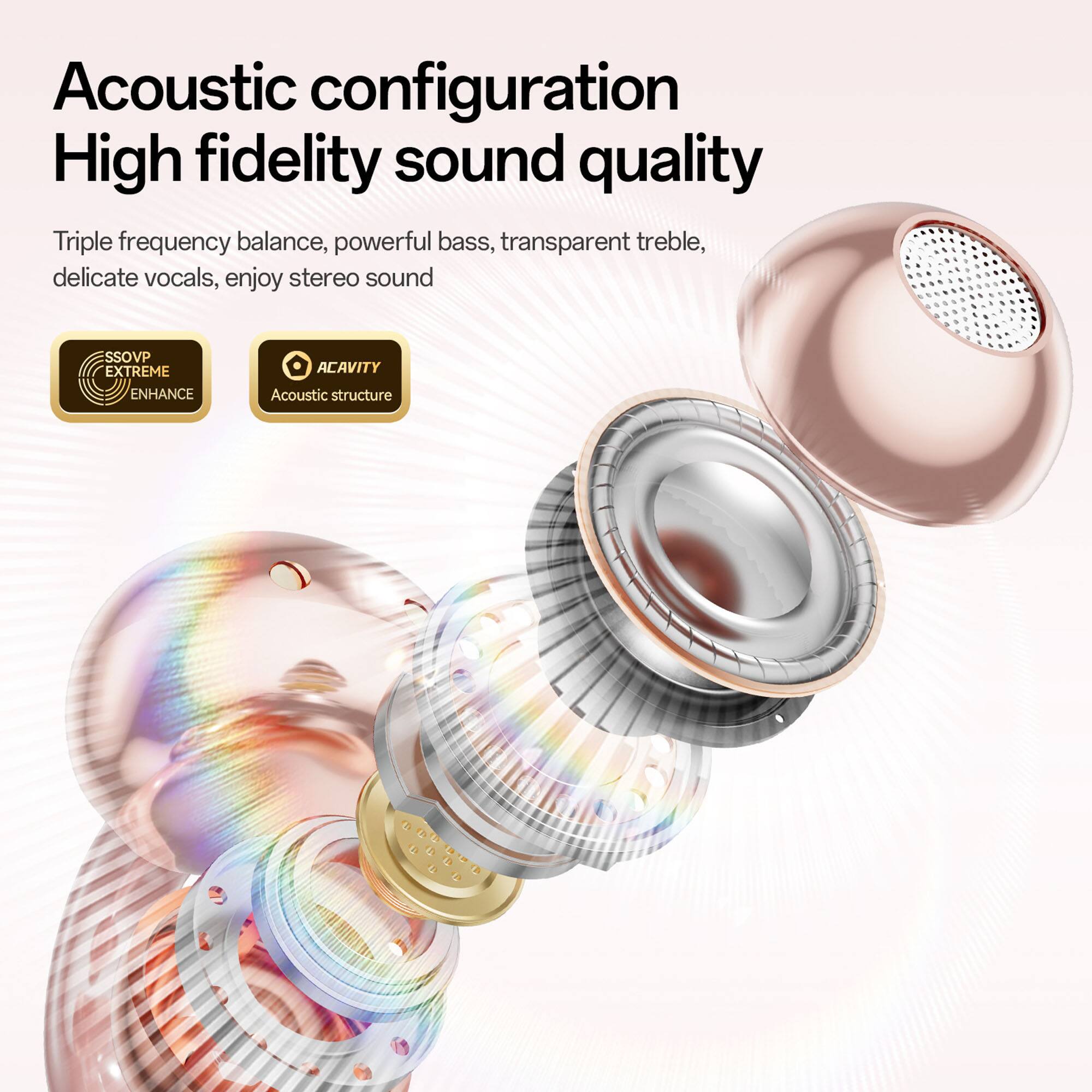 Acoustic configuration  
High fidelity sound quality  

Triple frequency balance, powerful bass, transparent treble, delicate vocals, enjoy stereo sound  

SSOVV EXTREME ENHANCE  
ACAIVITY Acoustic structure