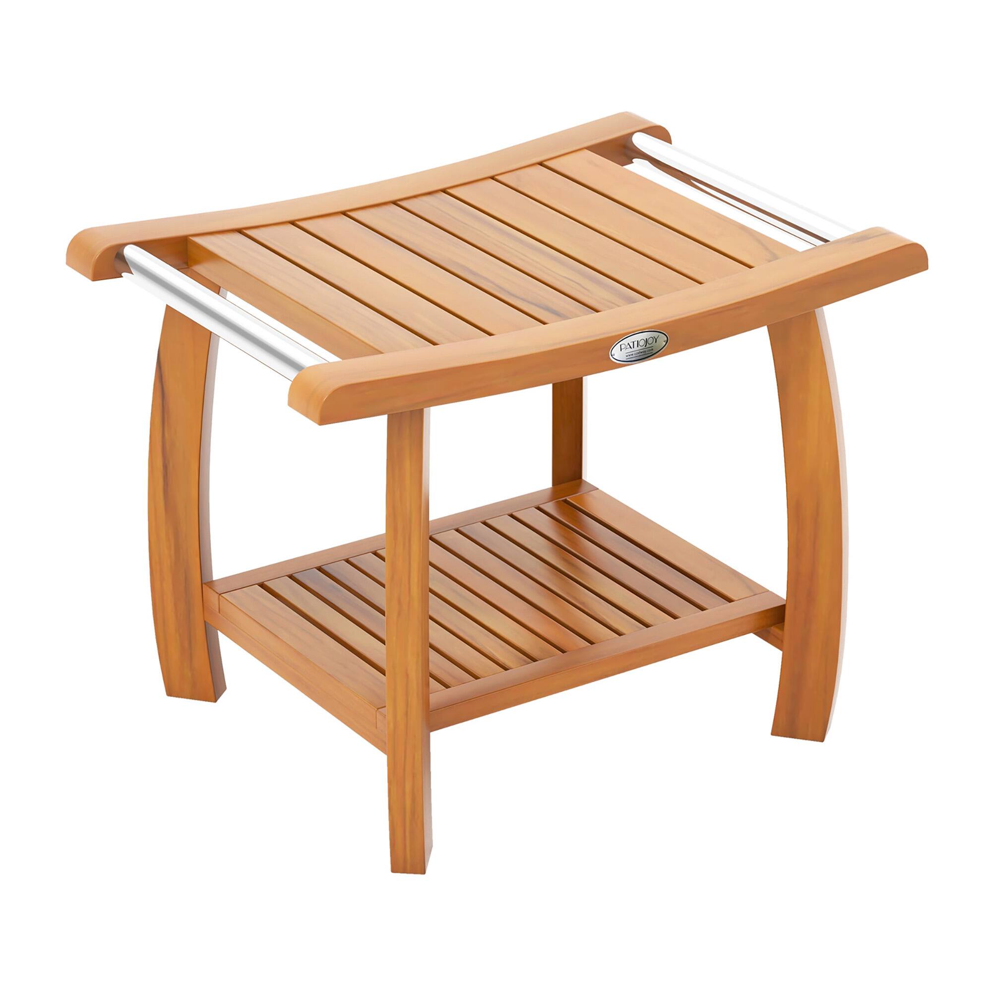 Alt View 9. Gymax - Gymax Teak Wood Shower Bench 2-Tier Wooden Shower Stool w/ Curved Seat Handles Large - Natural.