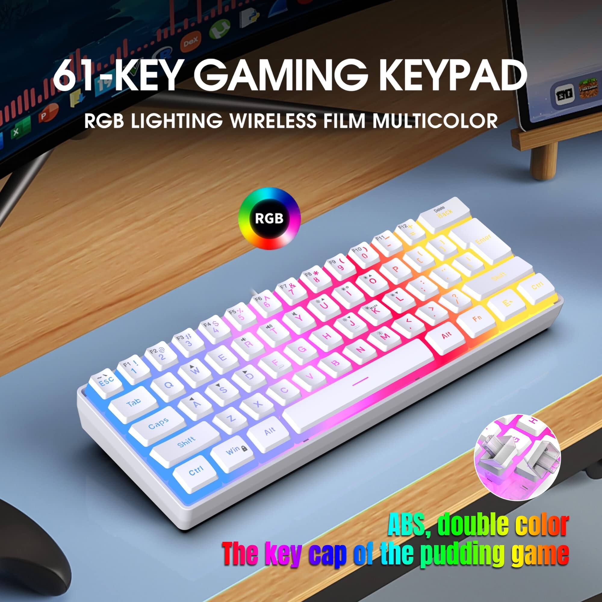 61-KEY GAMING KEYBOARD  
RGB LIGHTING WIRELESS FILM MULTICOLOR  

ABS, double color cap of the pudding game