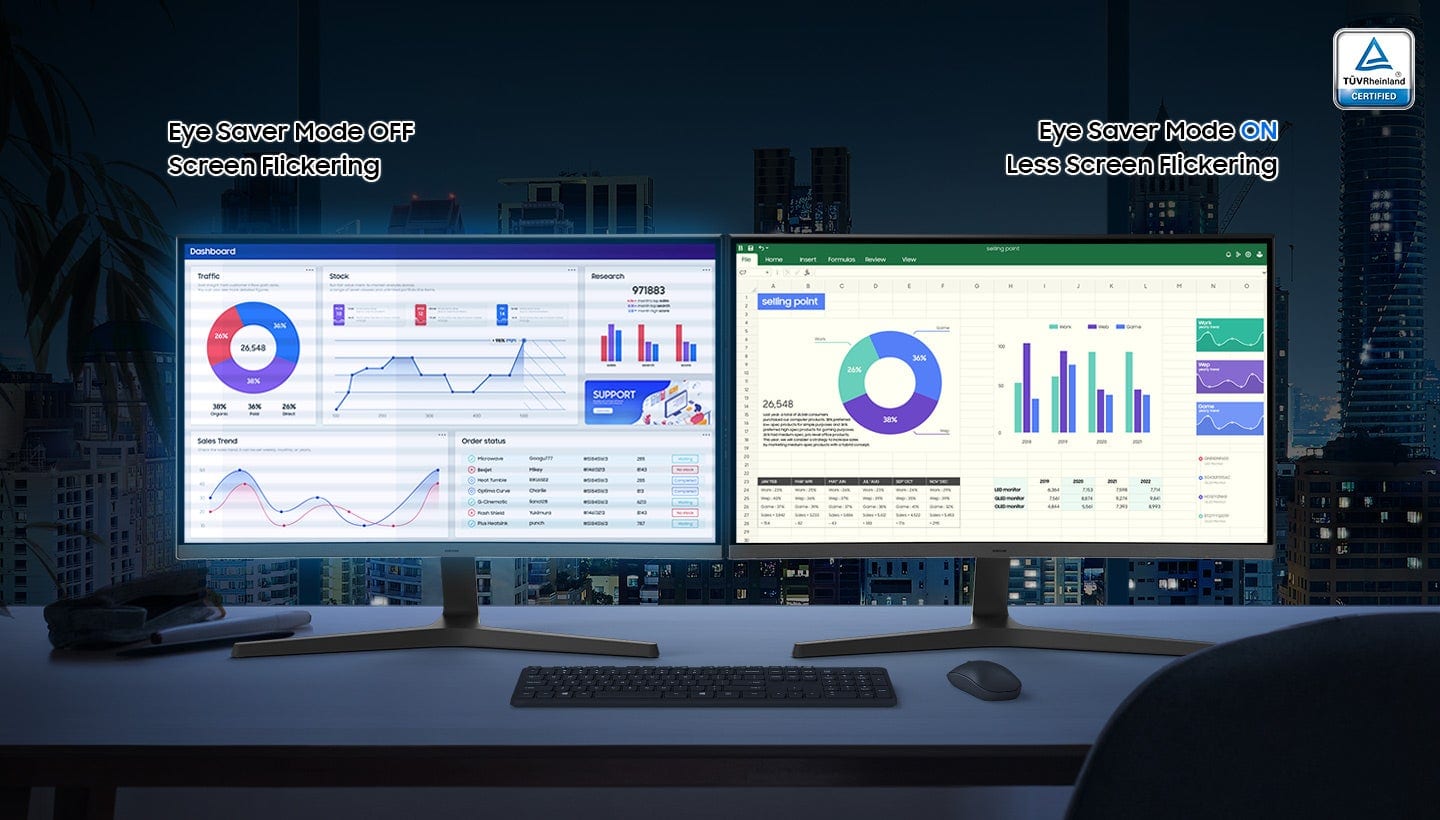 The text on the image reads:
"TVRheinland CERTIFIED Eye Saver Mode OFF Screen Flickering Eye Saver Mode ON Less Screen Flickering Doshboard - - mome F Rormuts - Vaw - -s thaffle Stock Sesearch 971883 . selling point e . - 1 + . - - . - % -6/ 38% orgere 36% 26.548 3% MN 20N - - SUPPORT - 26,548 24% 38 M - caa Scates Trend Onder stotus - N Smpe aS - - - -TS .AD nuemeture - - o NAuTur - - - - - -."
The text is grouped as follows:
1. "TVRheinland CERTIFIED Eye Saver Mode OFF Screen Flickering Eye Saver Mode ON Less Screen Flickering Doshboard - - mome F Rormuts - Vaw - -s thaffle Stock Sesearch 971883 . selling point e . - 1 + . - - . - % -6/ 38% orgere 36% 26.548 3% MN 20N - - SUPPORT - 26,548 24% 38 M - caa Scates Trend Onder stotus - N Smpe aS - - - -TS .AD nuemeture - - o NAuTur - - - - - -."
The text is about a computer monitor and its settings, including the eye saver mode, screen flickering, and various other options.