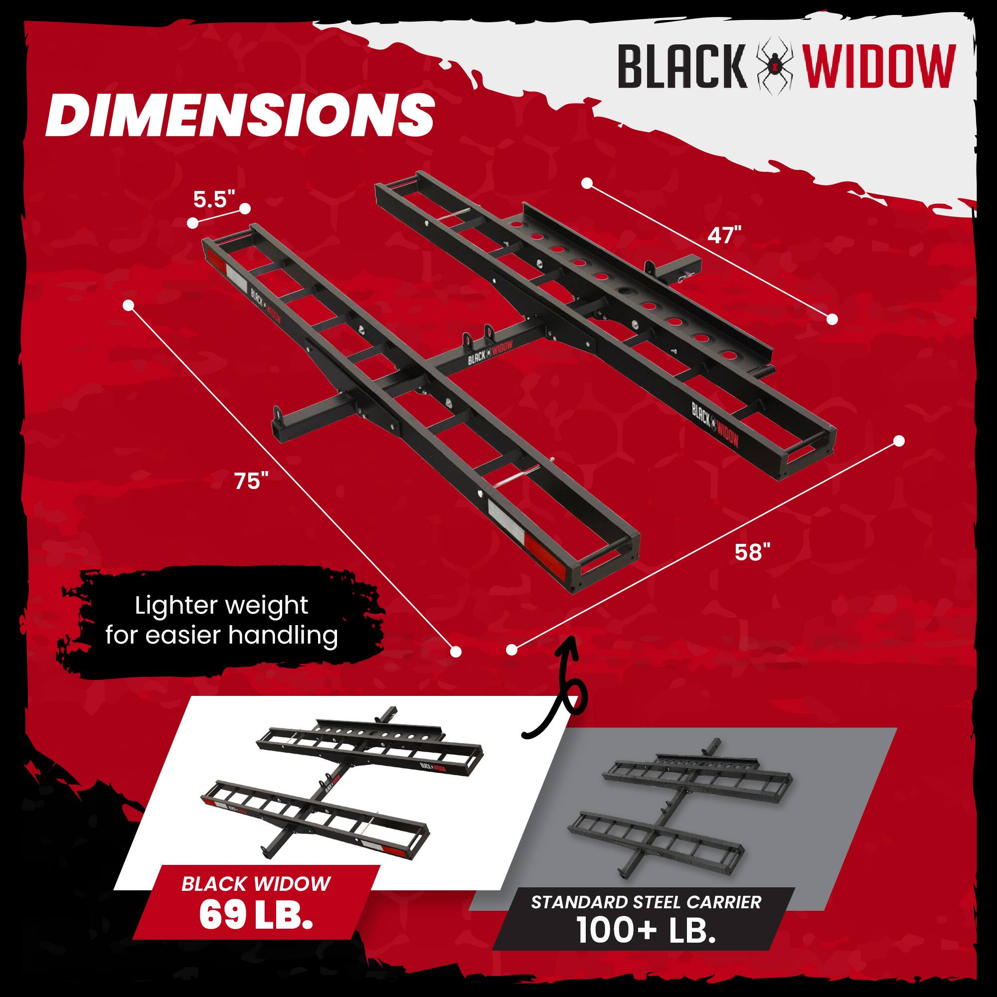 DIMENSIONS  
BLACK WIDOW  
5.5"  
47"  
75"  
58"  
Lighter weight for easier handling  
BLACK WIDOW 69 LB.  
STANDARD STEEL CARRIER 100+ LB.