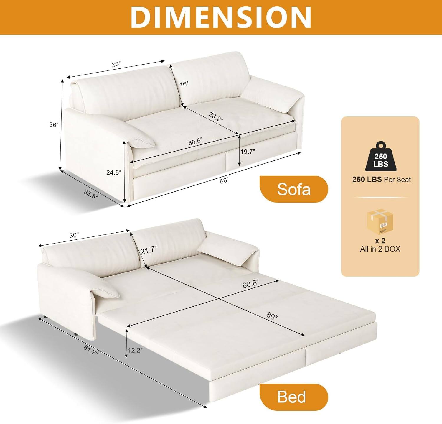 DIMENSION  
Sofa: 30" x 16" x 36" x 23.2" x 24.8" x 33.5" x 60.6" x 66" x 19.7"  
Bed: 30" x 21.7" x 60.6" x 80" x 81.7" x 12.2"  
250 LBS Per Seat  
All in 2 BOX