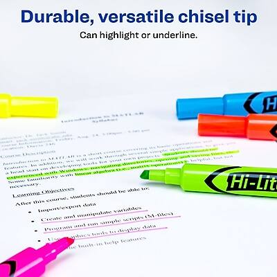Durable, versatile chisel tip  
Can highlight or underline.

**Learning Objectives**  
After this course, students should be able to:  
- Import and export data  
- Create and manipulate variables  
- Program and run simple scripts (.m-files)  
- Use graphics tools to display data  
- Use built-in help features

**Skills**  
- Logical thinking  
- Problem-solving  
- Data analysis  
- Scripting  
- Visualization