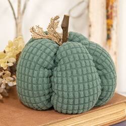 Angle. BreeBe - Teal Waffle Weave Pumpkin w/Burlap Leaves - 5" dia. - Teal.
