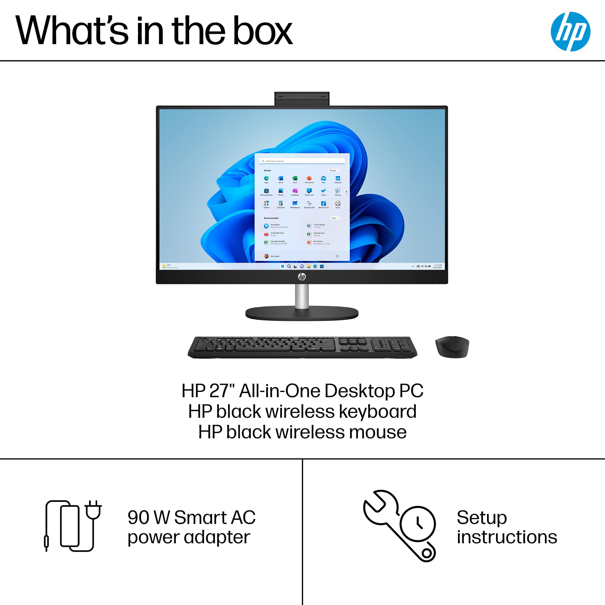 What's in the box: HP 27" All-in-One Desktop PC, HP black wireless keyboard, HP black wireless mouse, 90 W Smart AC power adapter, Setup instructions.