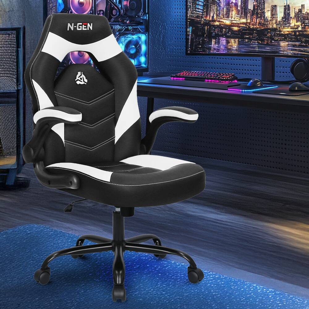 Angle. Celtoss - Gaming Chair, Ergonomic Office Computer Desk Chair with Lumbar Support, Flip-Up Arms, PU Leather, Swivel Wheels - White.
