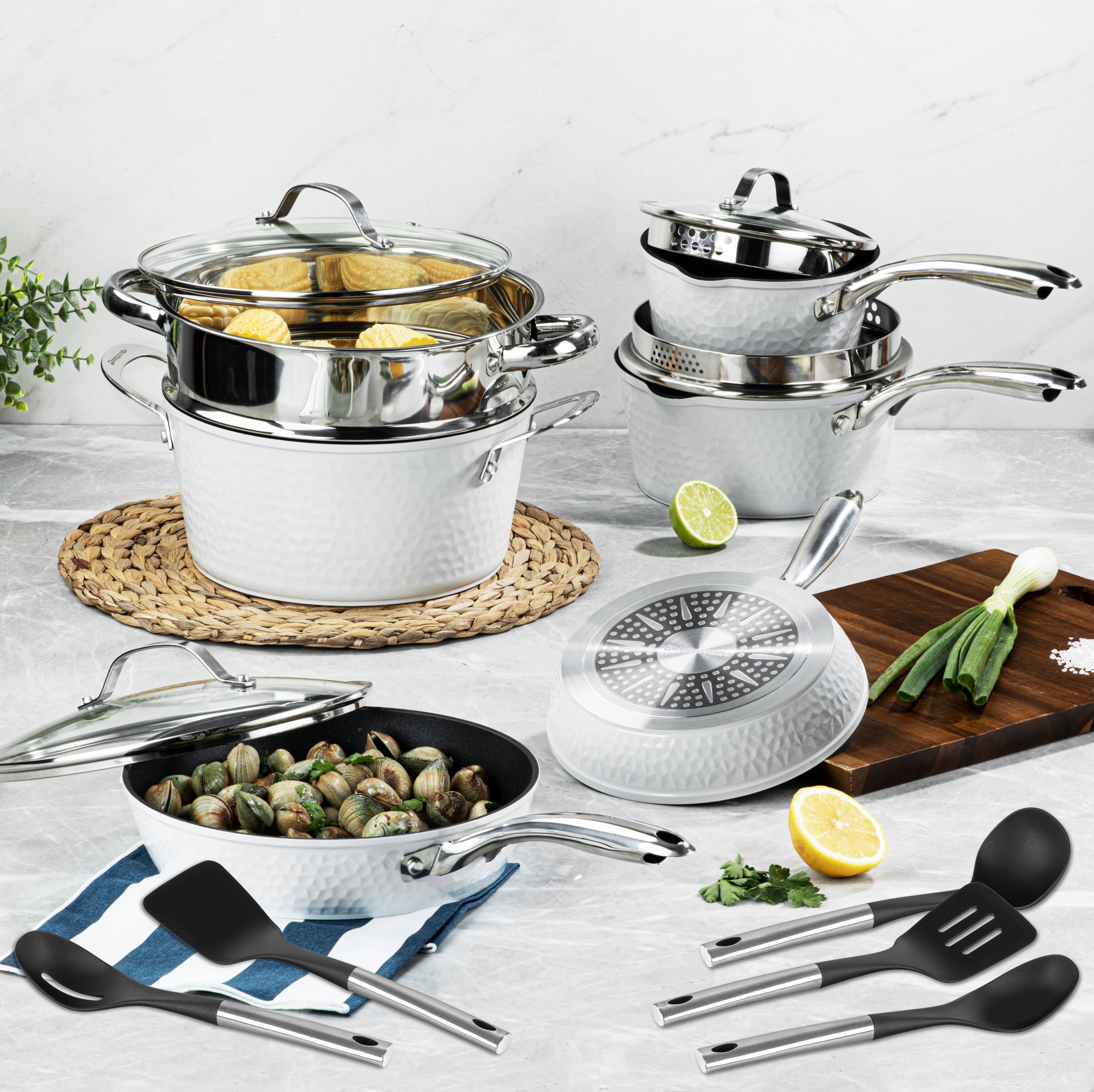 Alt View 1. Granitestone - Granitestone Charleston Collection Hammered White 15-Piece Nonstick Cookware Set with Utensils - White.