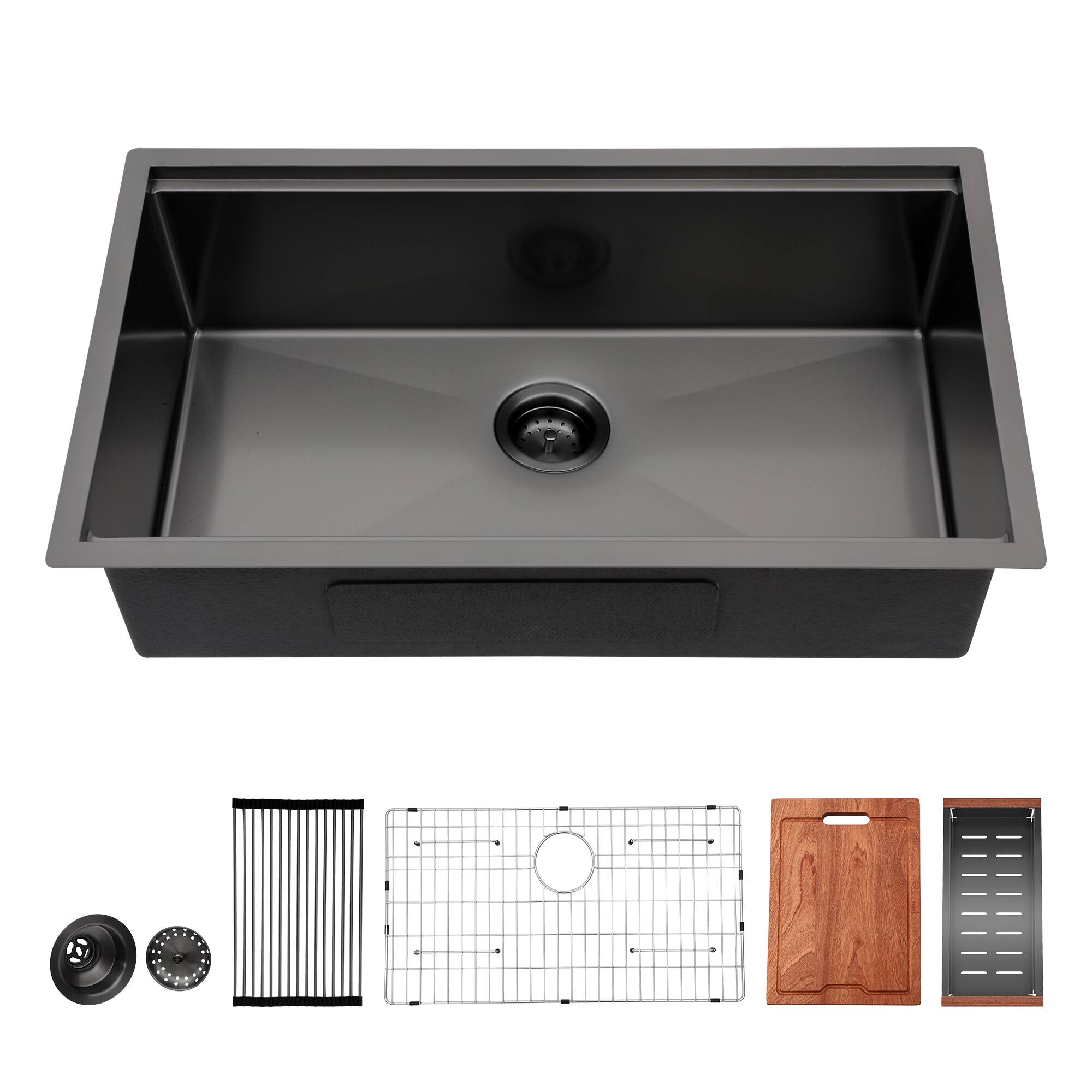 Angle. Siljoy - Gunmetal Black Workstation Kitchen Sink - 33"x 19"x 10" Single Bowl Workstation Undermount 16 Gauge Stainless Steel - Gunmetal Black.