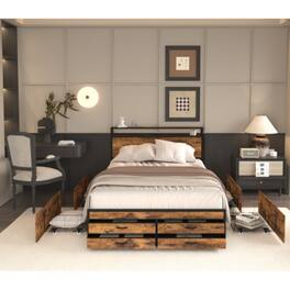 LUCKY ONE - Full Size Bed Frame with 8 Storage Drawers, LED Headboard, USB Charging Station, Metal Platform, No Box Spring Needed - Black