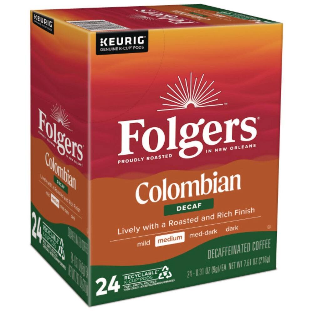KEURIG Genuine K-Cup Pods  
Folgers  
Proudly Roasted in New Orleans  
Colombian  
Decaf  
Lively with a Roasted and Rich Finish  
Mild Medium Med-Dark Dark  
Decaffeinated Coffee  
24 K-Cup Pods  
Net Wt 7.61 oz (216g)  
0.31 oz (9g) per pod  
Recyclable  
24 per box