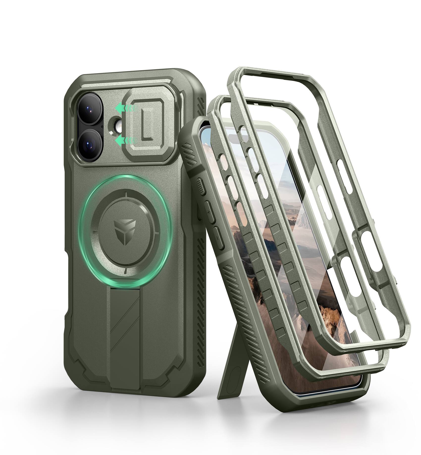 dexnor - iPhone 17 Case: Camera Cover & Kickstand & Screen Protector, MagSafe, Rugged Bumper Cases - Army Green