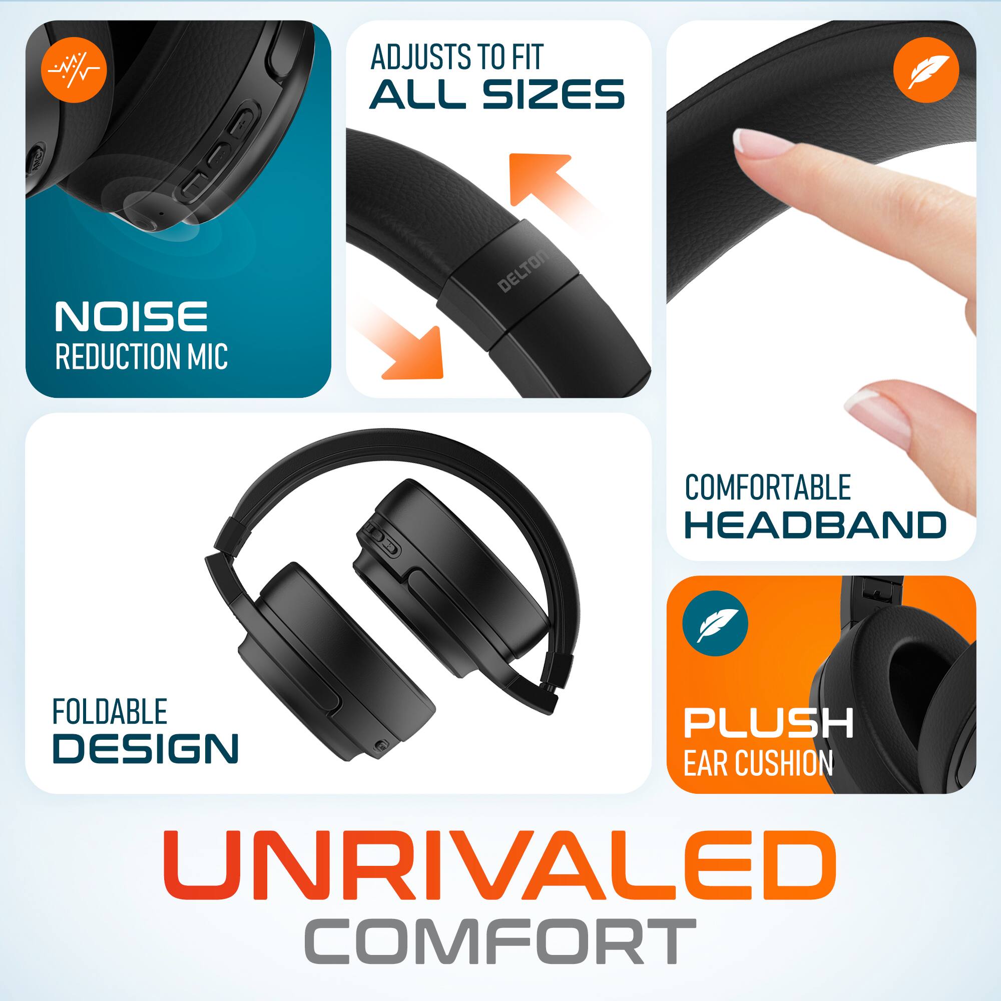 ADJUSTS TO FIT ALL SIZES, NOISE REDUCTION MIC, COMFORTABLE HEADBAND, FOLDABLE DESIGN, PLUSH EAR CUSHION, UNRIVALED COMFORT