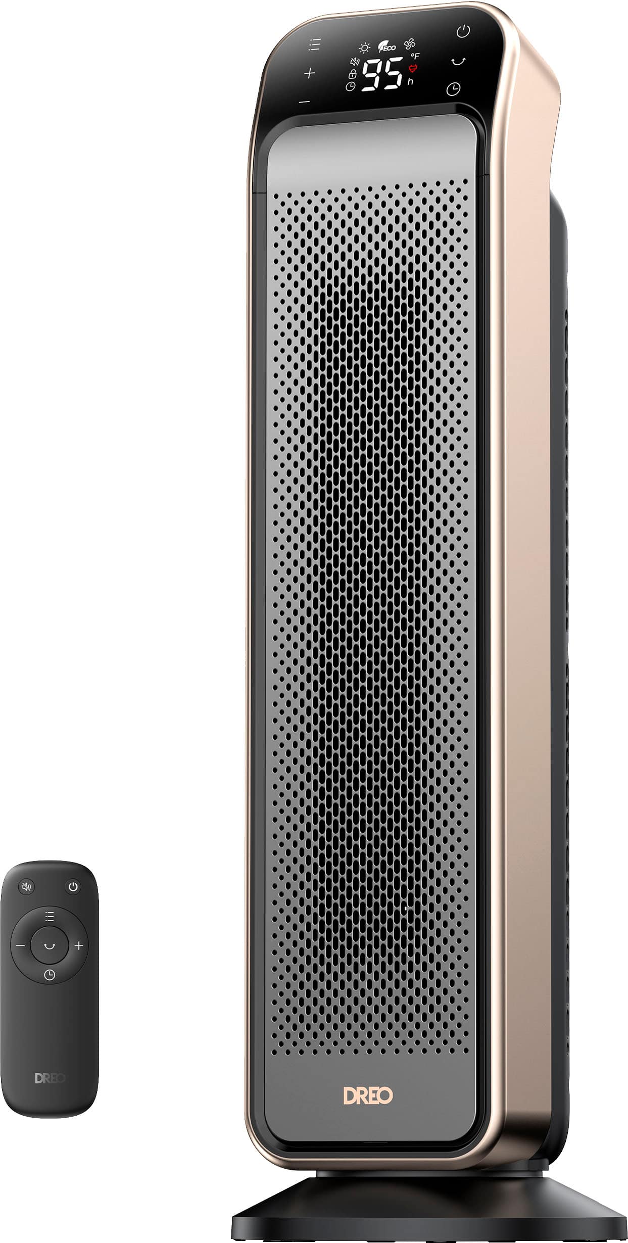 The text on the image reads "4eco 8 95 h L eo + DREO DREO." This text is likely a description or a tagline for the product, which is a heater. The text suggests that the heater is designed to be energy-efficient and environmentally friendly, as it is described as "4eco." Additionally, the heater is made by the company DREO.