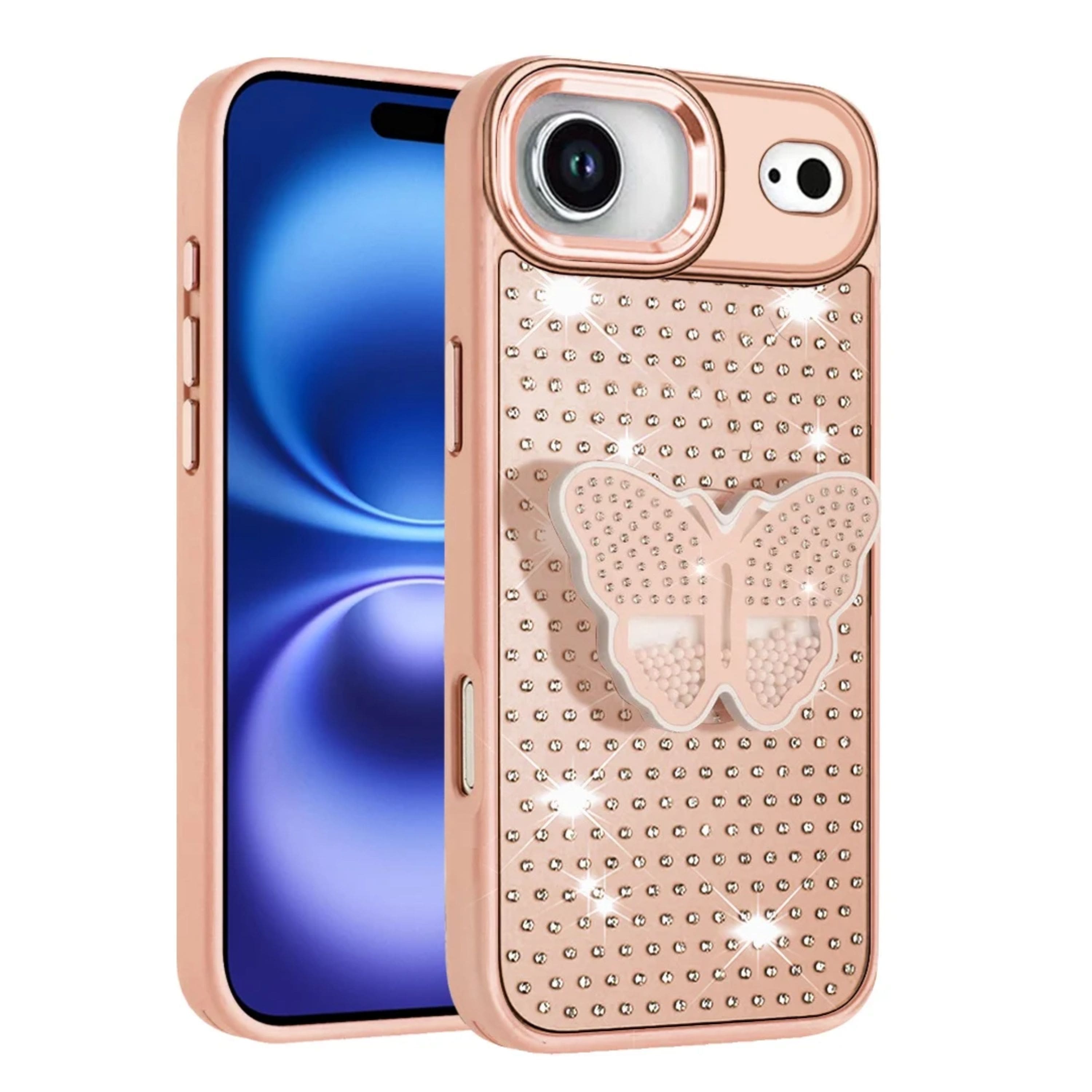 Kitcheniva - Butterfly Grip Stand Faux Crystals Phone Case With Tempered Glass For iPhone Air - Rose Gold