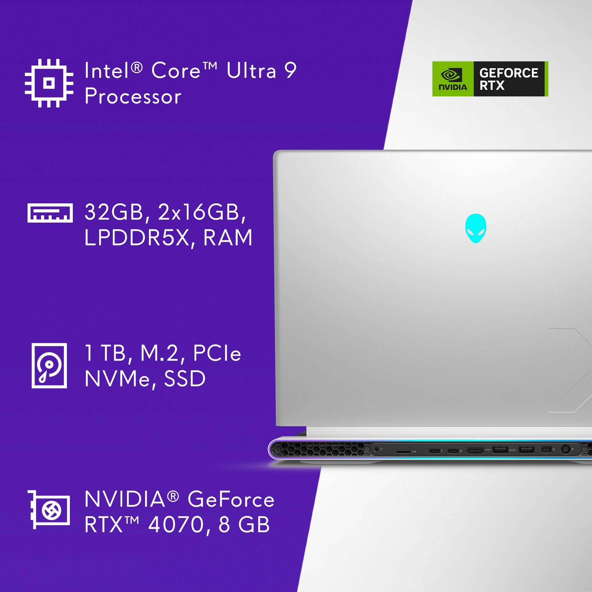 The image features a laptop with a purple background and a white laptop. The laptop is described as having an Intel Core Ultra 9 processor, 32GB of RAM, and a NVIDIA GeForce RTX 4070 graphics card. The laptop also has a 1TB M.2 SSD and a PCle NVMe SSD. The laptop is advertised as being a powerful gaming laptop, with the NVIDIA RTX 4070 graphics card providing high-performance gaming capabilities.