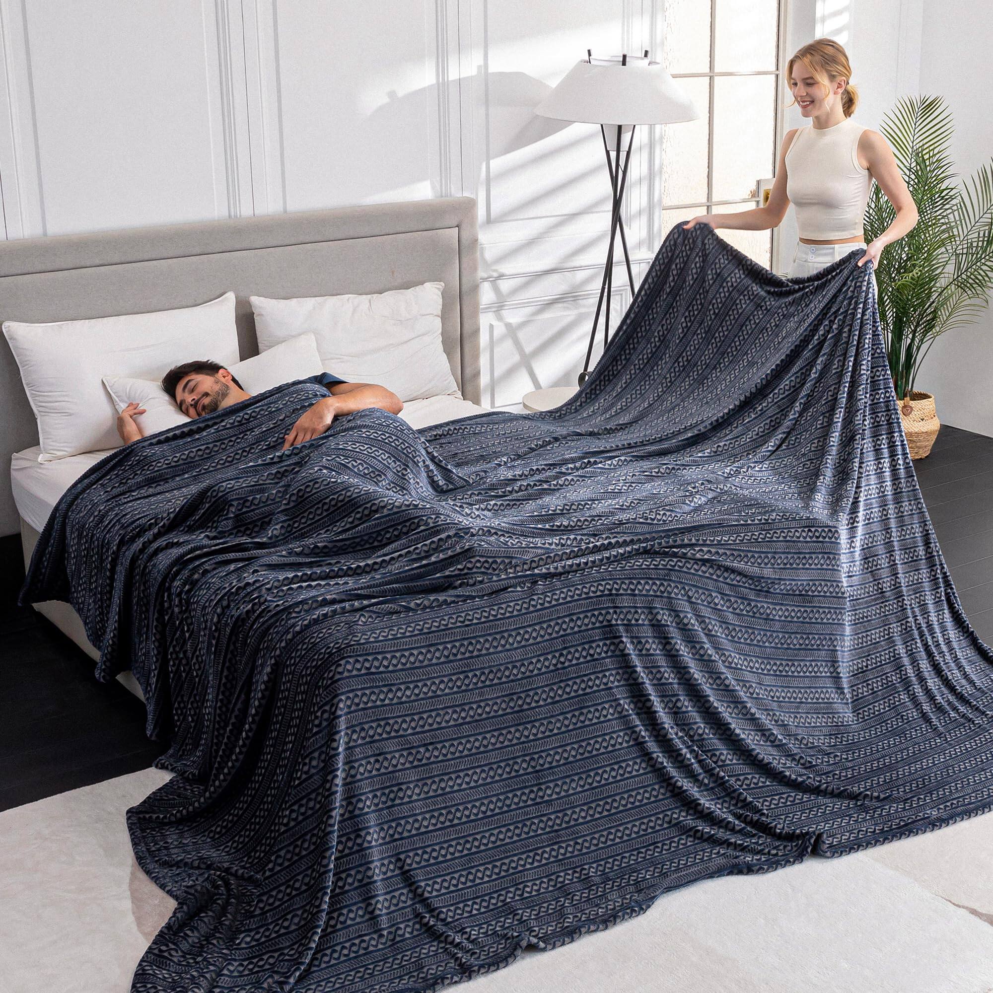 Alt View 2. NICHOLAS KLEIN - Soft Cozy 120x120 Inches Seamless Oversized King Fleece Blanket 3d Jacquard Decorative Giant 10'x10' Califo... - Striped Khaki 120"x120".