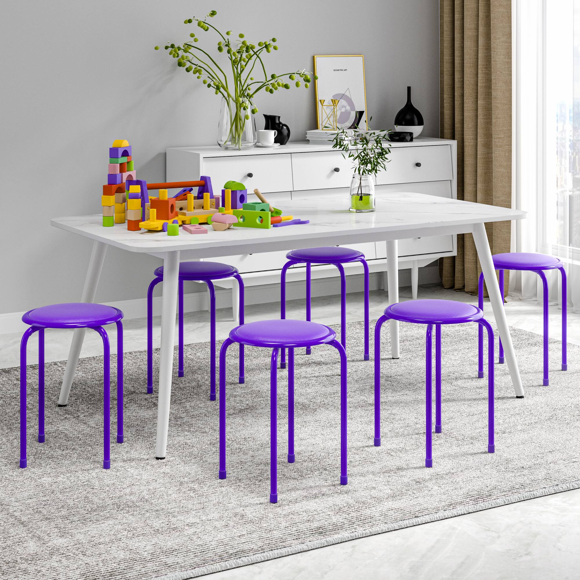 Alt View 4. Vecelo - 6-Pack Steel Stack Stools, Portable Stackable Backless School Stools with Pu Leather, Round Classroom Decoration Stools - Purple.
