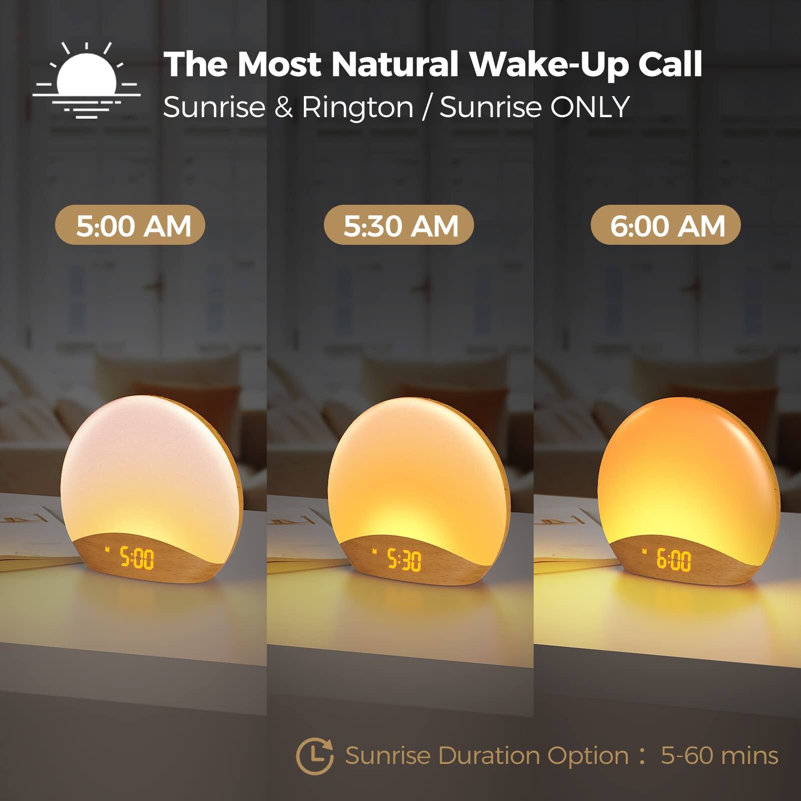 The Most Natural Wake-Up Call  
Sunrise & Rington / Sunrise ONLY  

5:00 AM  
5:30 AM  
6:00 AM  

Sunrise Duration Option: 5-60 mins