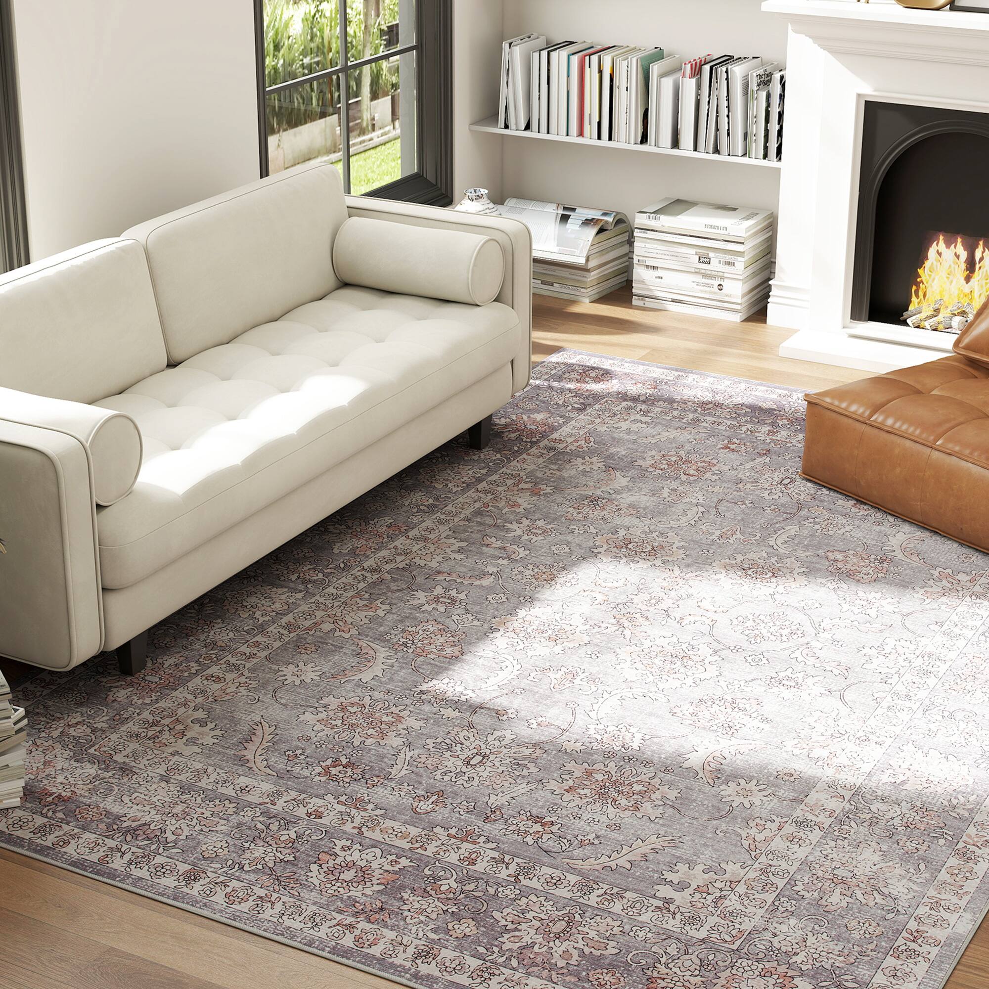 Alt View 1. Homcom - Area Rug 8x10, Machine Washable Non-Slip Traditional Flower Print Floor Cover - Grey.