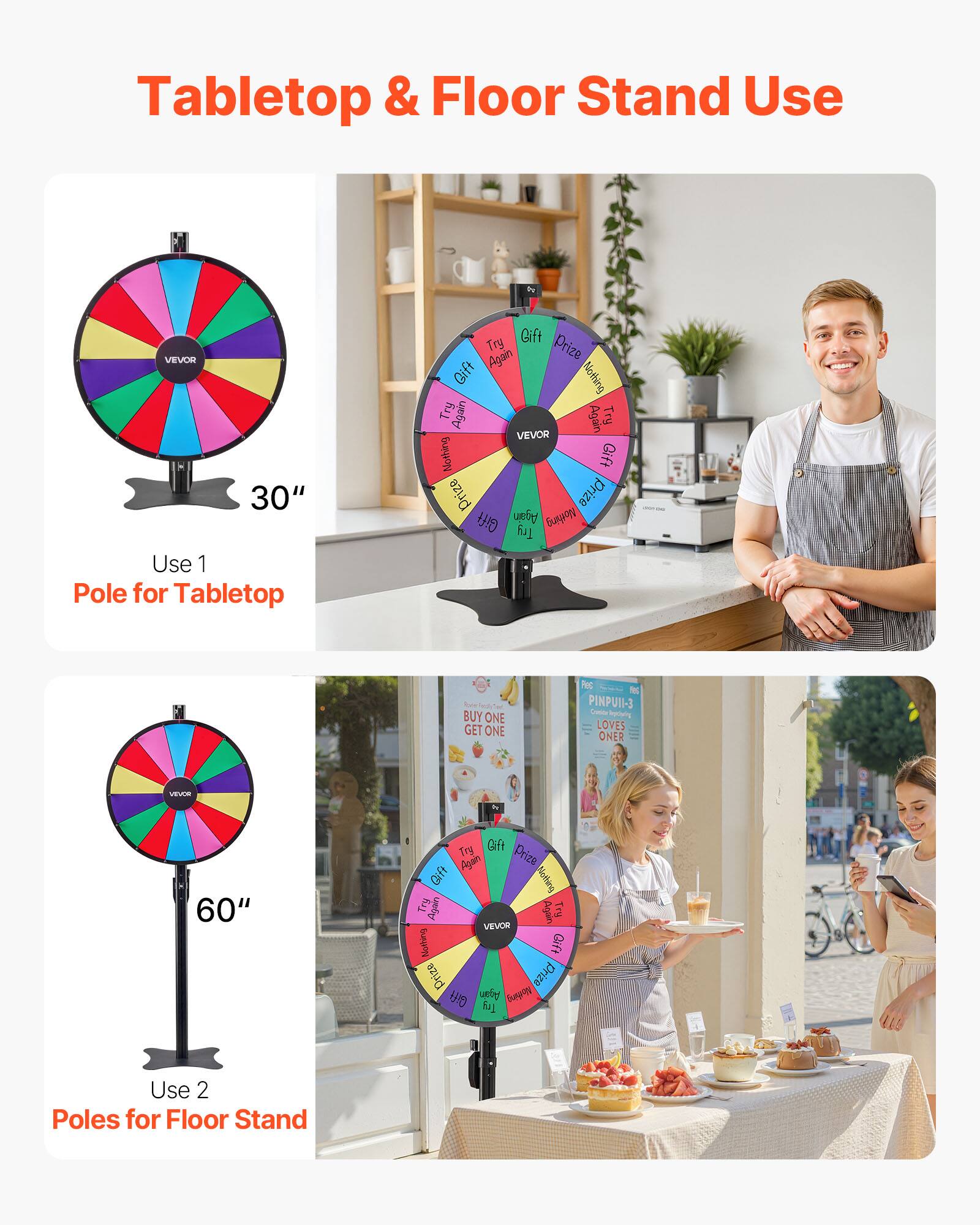Tabletop & Floor Stand Use

VEVOR 30" Use 1 Pole for Tabletop

Gift Try Prize Again Gift Nothing Try Again Again Try VEVOR Nothing Gift Prize Prize Gift ut Nothing Try BUY ONE GET ONE

PINPUII-3 - Sgog OVES ONER -- to 60" Teg Gift Again Prize Gft Nothing Try Apain Aain Trg VRVOR Nothine Gift Prize Prize

Use 2 Poles for Floor Stand