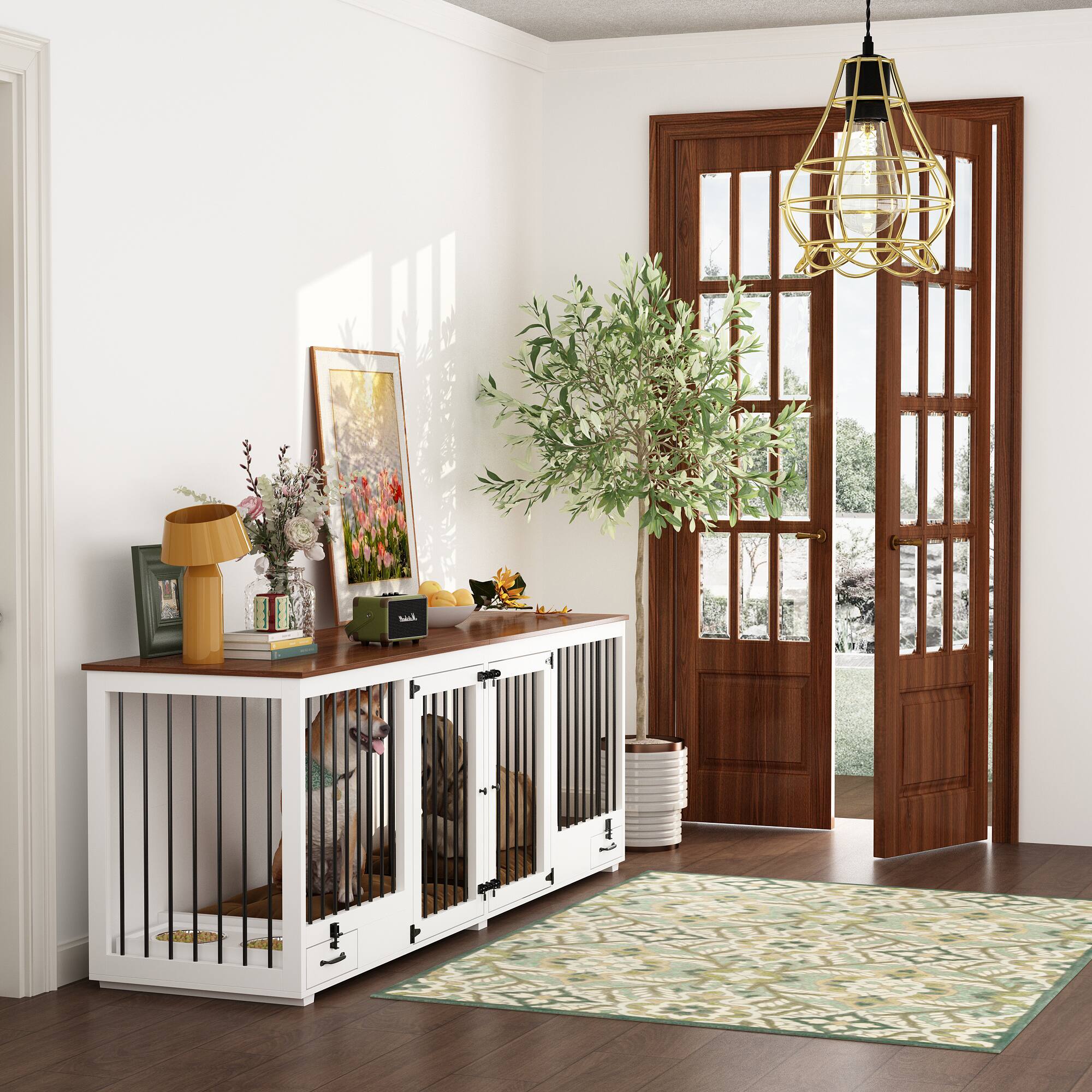 Alt View 5. FUFU & GAGA - Furniture-Style Dual-Dog Crate Console - Convertible Kennel Pull-Out Feeder & Storage.