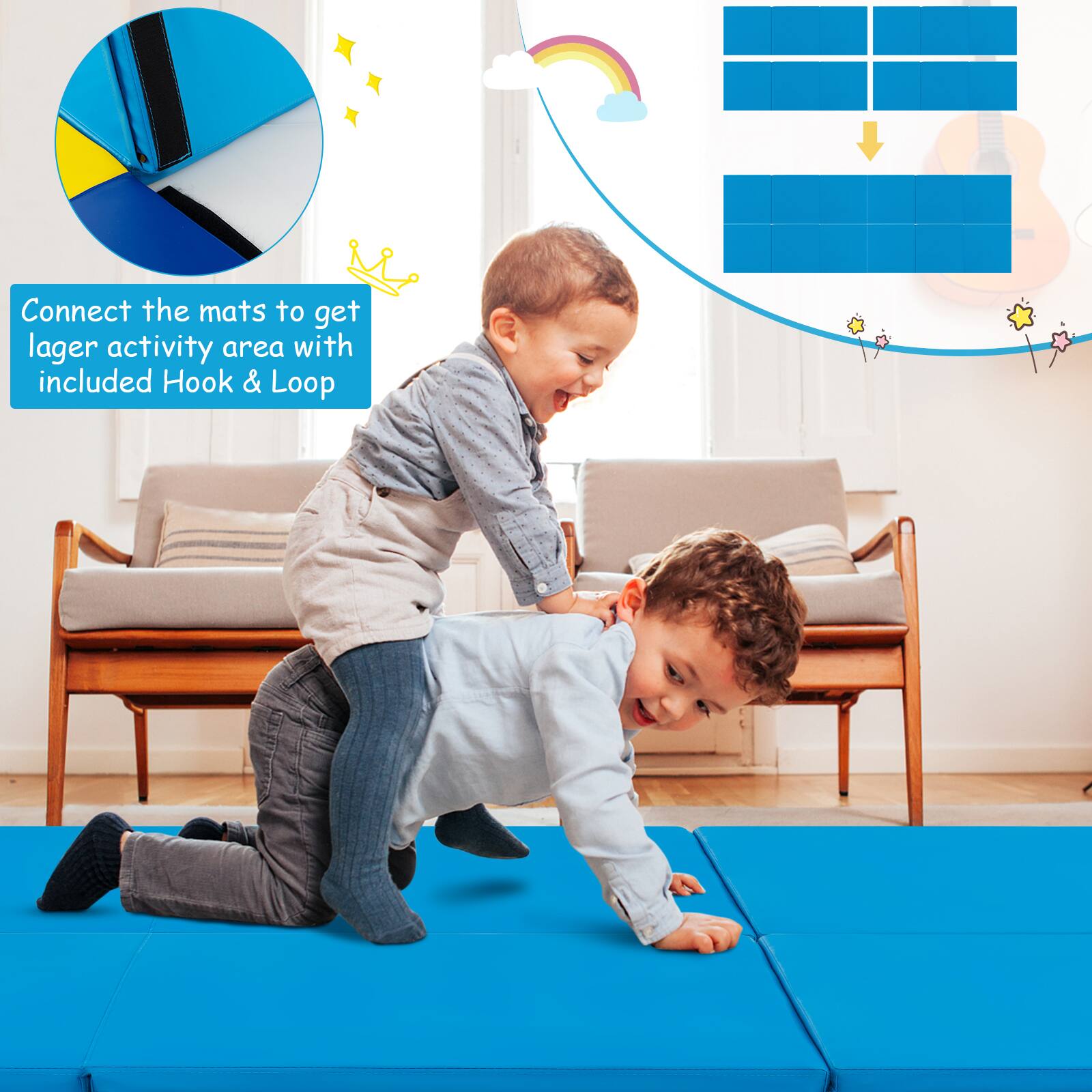 Connect the mats to get larger activity area with included Hook & Loop