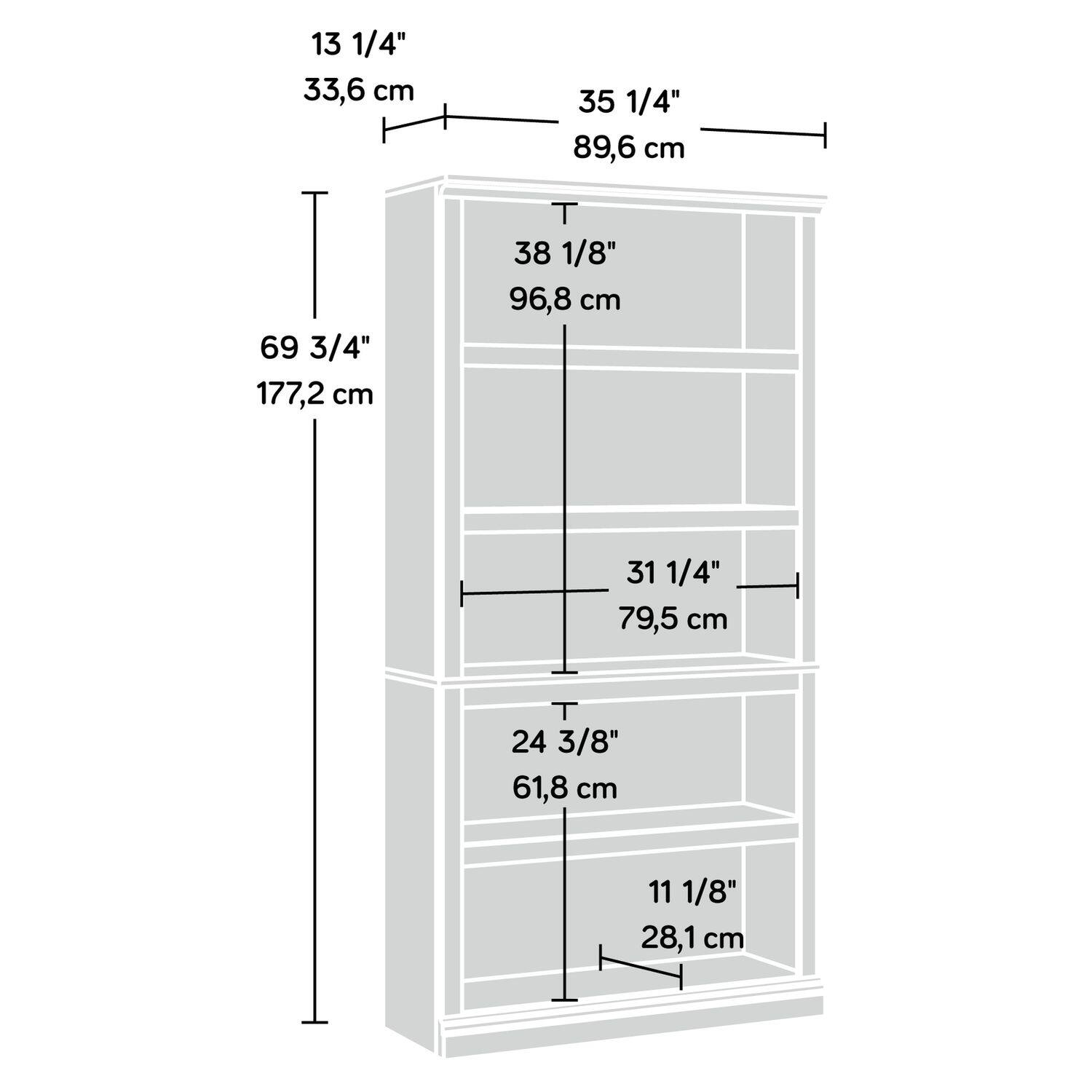 13 1/4" 33,6 cm  
35 1/4" 89,6 cm  
69 3/4" 177,2 cm  
38 1/8" 96,8 cm  
31 1/4" 79,5 cm  
24 3/8" 61,8 cm  
11 1/8" 28,1 cm