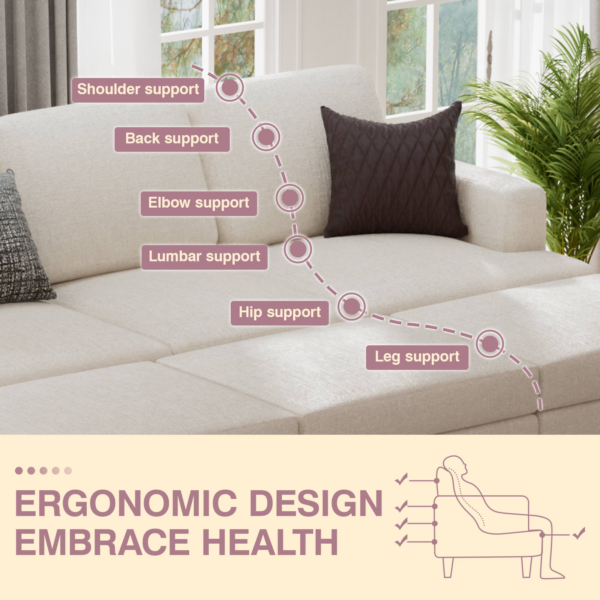 Shoulder support, Back support, Elbow support, Lumbar support, Hip support, Leg support, ERGONOMIC DESIGN EMBRACE HEALTH