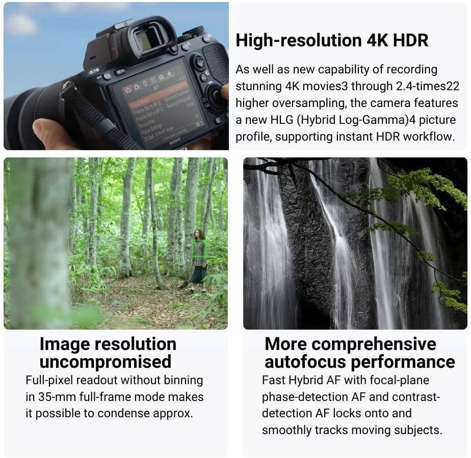 High-resolution 4K HDR  
As well as new capability of recording stunning 4K movies through 2.4-times higher oversampling, the camera features a new HLG (Hybrid Log-Gamma) picture profile, supporting instant HDR workflow.

Image resolution uncompromised  
Full-pixel readout without binning in 35-mm full-frame mode makes it possible to condense approx.

More comprehensive autofocus performance  
Fast Hybrid AF with focal-plane phase-detection AF and contrast-detection AF locks onto and smoothly tracks moving subjects.