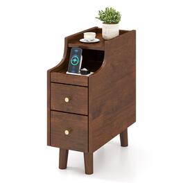 Gymax - Solid Wood End Table w/ Pull-out Tray & 2 Storage Drawers Cable Management - Brown