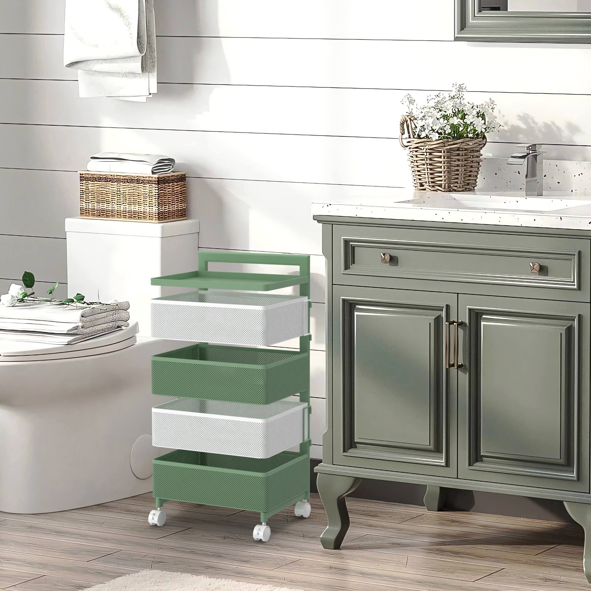 Alt View 2. Malletson - 5-Tier Rotating Kitchen Storage Cart with Wheels, Metal Mesh Organizer for Fruits, Vegetables, and Kitchen Supplies - White Green.