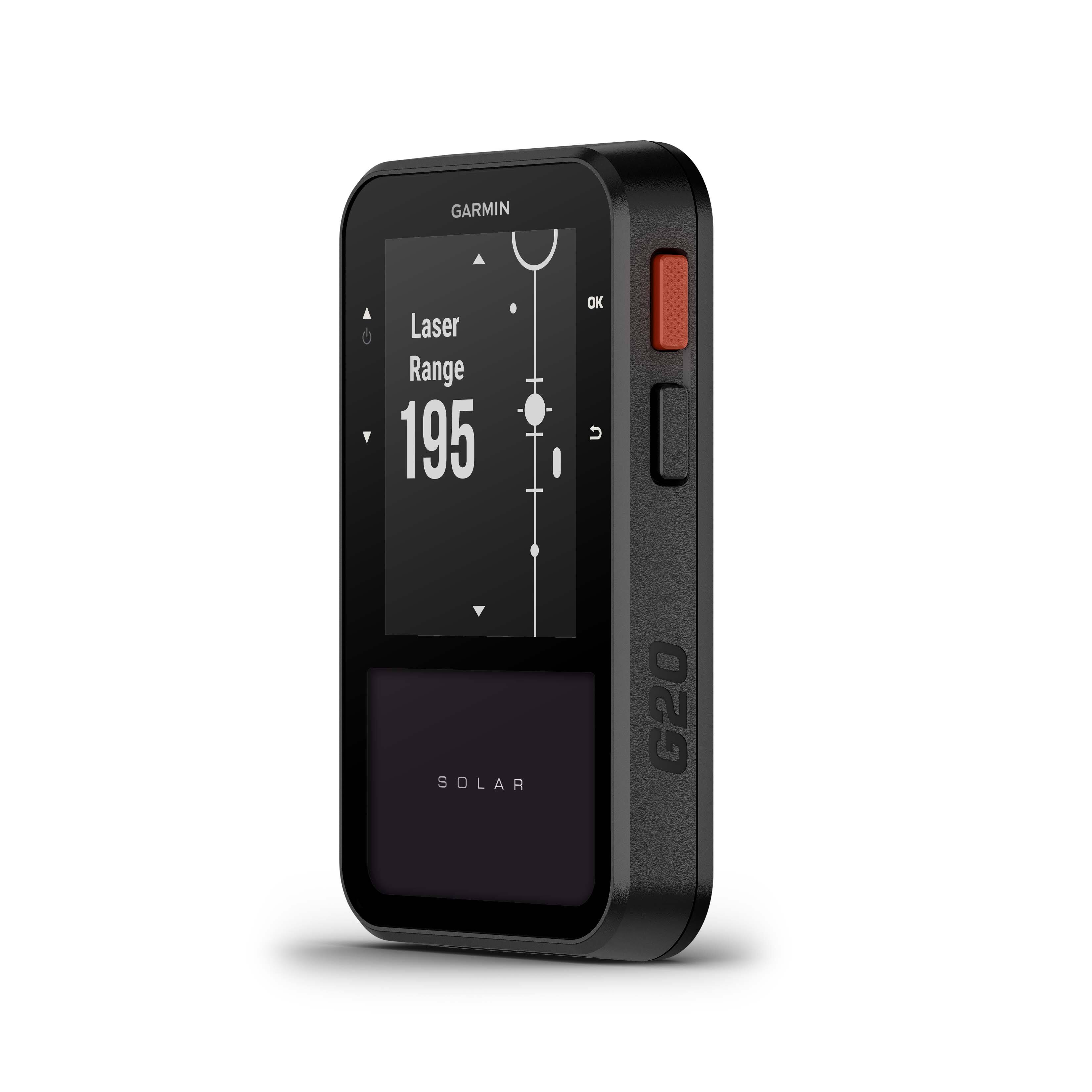 The image features a small electronic device with a screen displaying the words "Laser Range 195." The device is likely a laser range finder, which is used to measure distances. The device is made by Garmin, and it is designed to be used outdoors. The screen also shows the word "Solar," which suggests that the device may have solar power capabilities. The device is compact and easy to carry around, making it a convenient tool for outdoor activities.