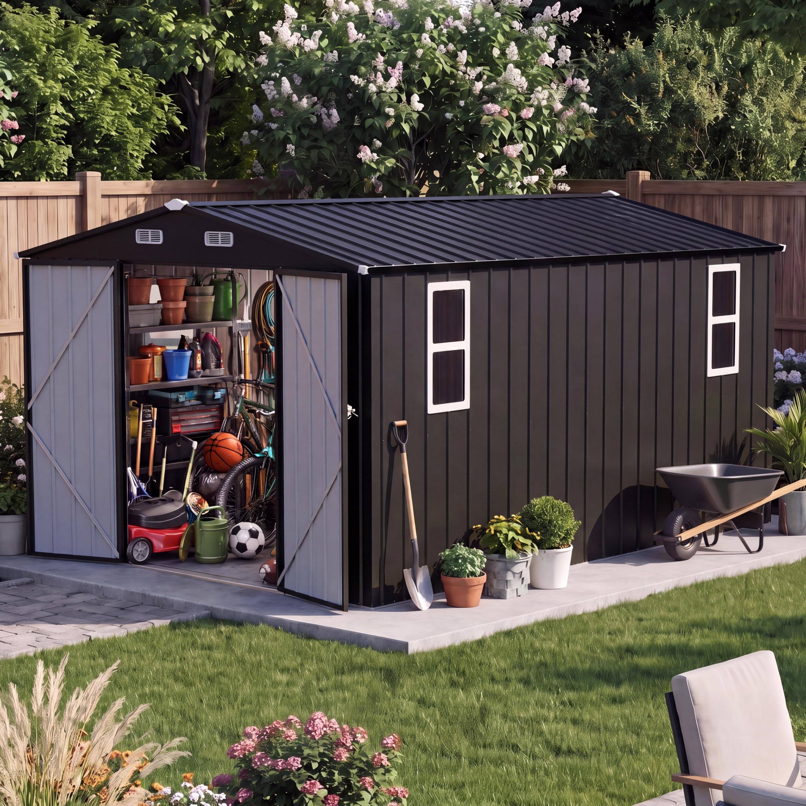 Alt View 1. LAUSAINT HOME - 10x12 FT Galvanized Steel Shed with Windows  Double Lockable Doors  Gable Roof and Vent for Backyard Patio - Black.