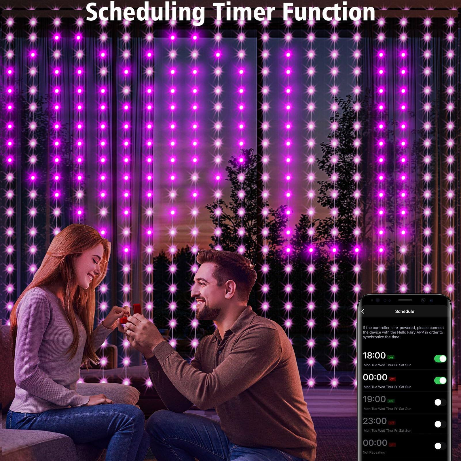 Scheduling Timer Function

If the controller is re-powered, please connect the device with the Hello Fairy APP in order to synchronize the time.

18:00 ON  
Mon Tue Wed Thu Fri Sat Sun

00:00 OFF  
Mon Tue Wed Thu Fri Sat Sun

19:00 ON  
Mon Tue Wed Thu Fri Sat Sun

23:00 OFF  
Mon Tue Wed Thu Fri Sat Sun

00:00 OFF  
Mon Tue Wed Thu Fri Sat Sun

No Repeating