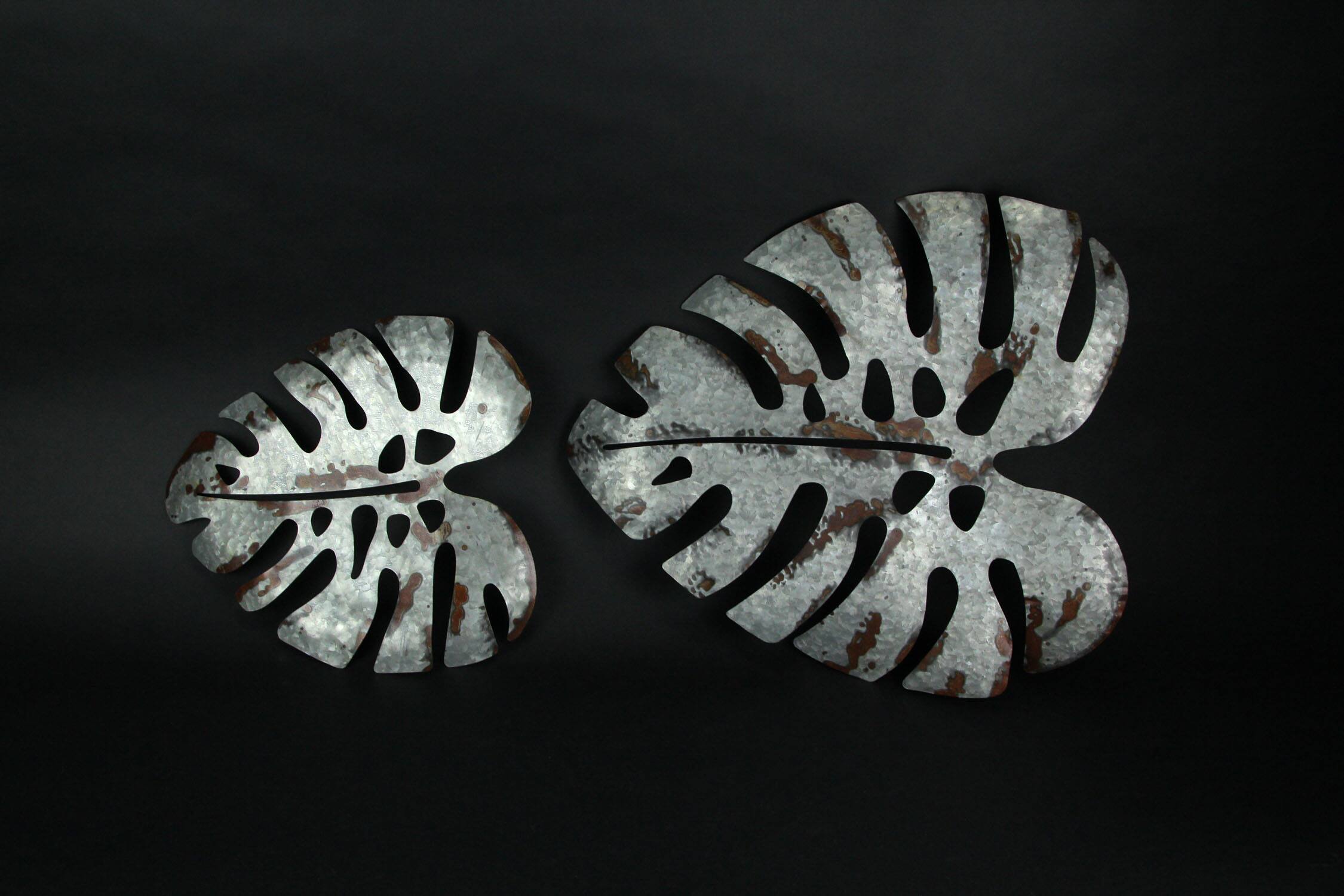 Alt View 2. Zeckos - Set of 2 Galvanized Zinc Finish Metal Monstera Leaf Sculptures Wall Hangings - Grey.