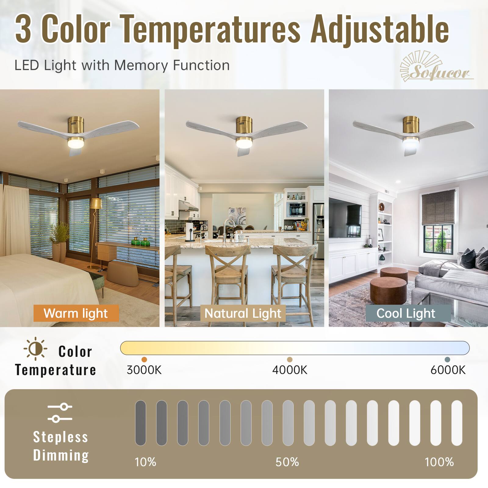 3 Color Temperatures Adjustable  
LED Light with Memory Function  

Warm light  
Natural Light  
Cool Light  

Color Temperature  
3000K  
4000K  
6000K  

Stepless Dimming  
10%  
50%  
100%