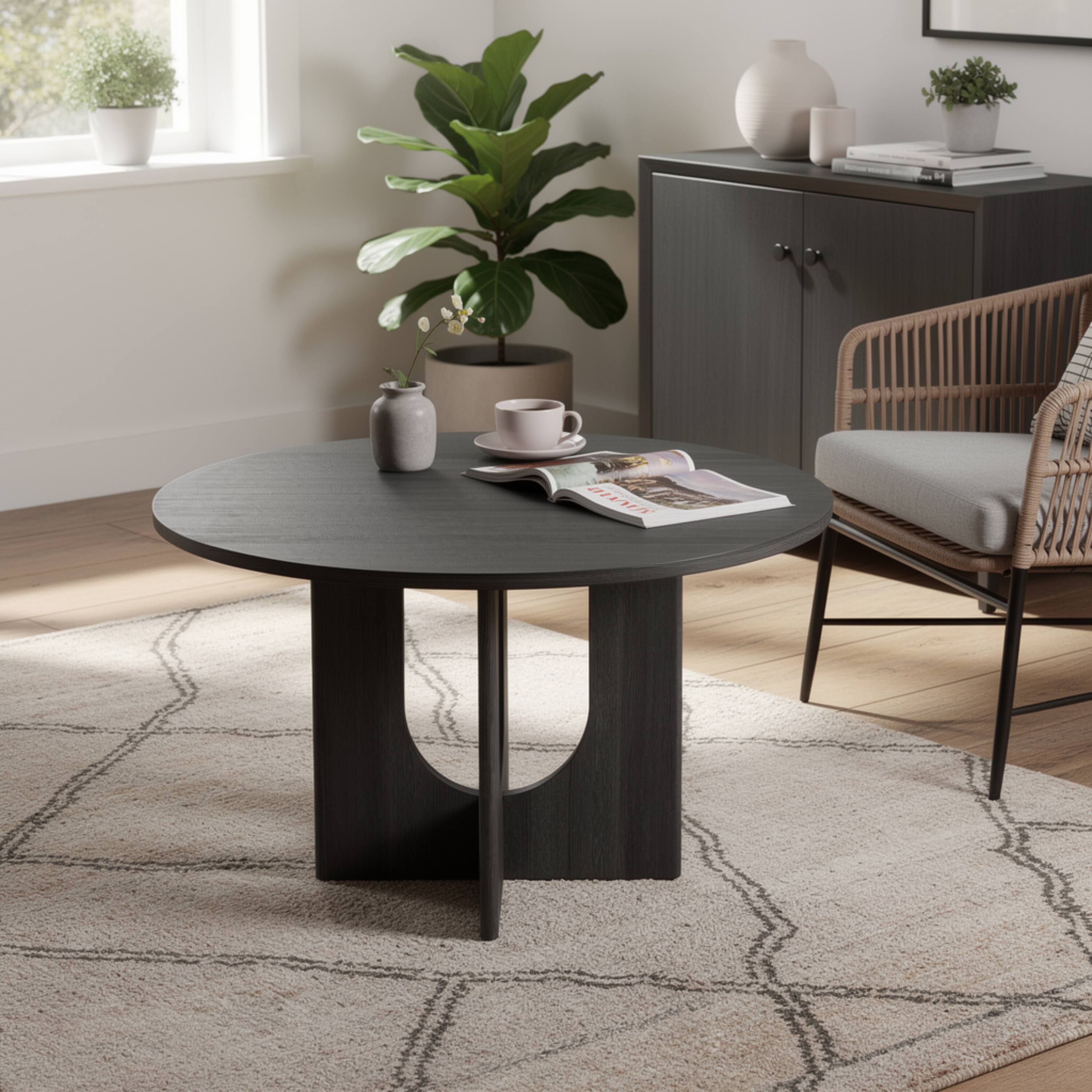 Alt View 4. Manhattan Lane - Kysa Dining Table, 47 Inch Round Top, Cross U Pedestal Base - Dark Gray.