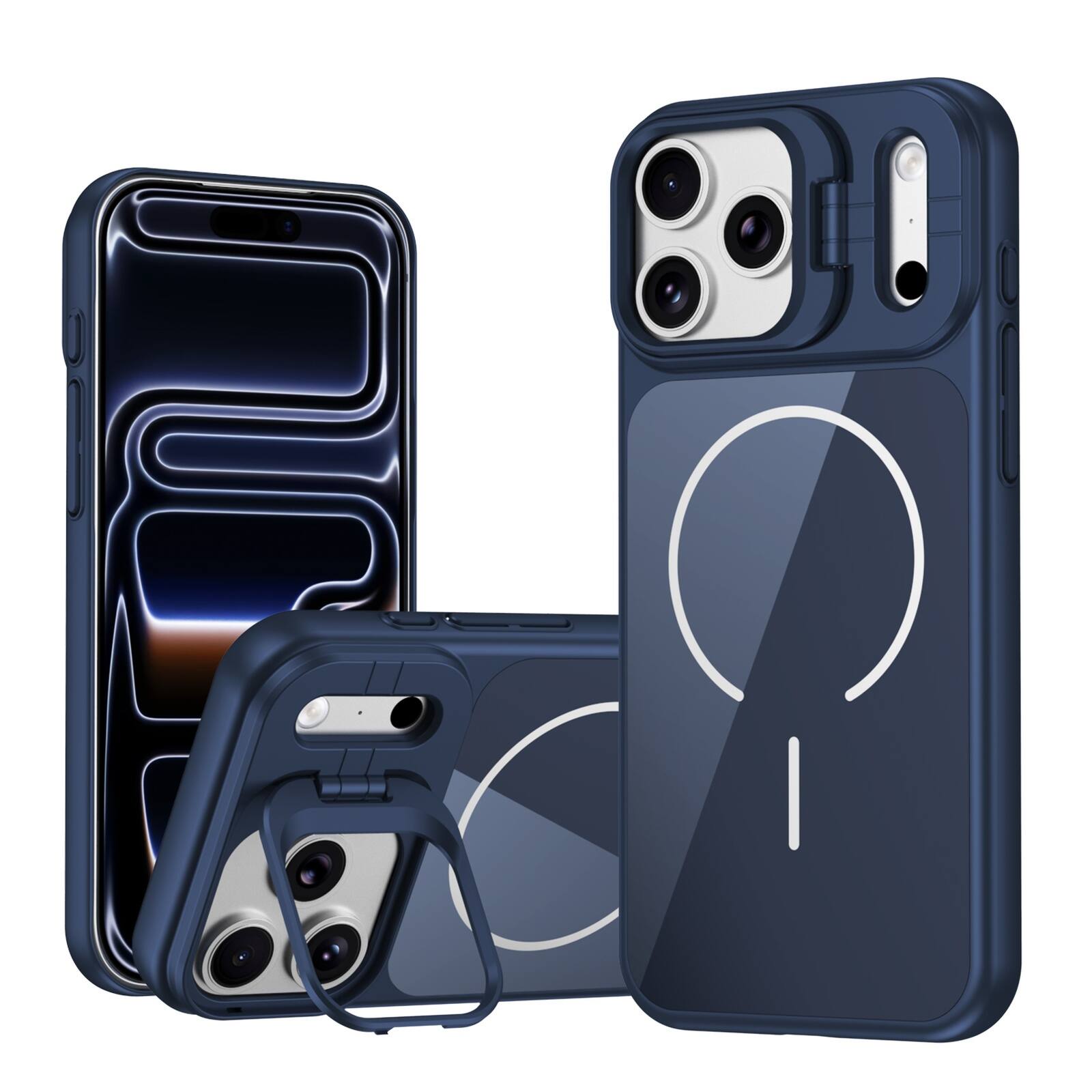 Angle. Dteck - Magnetic Case for Apple iPhone 17 Pro Max with Camera Lens Kickstand, Rugged Drop Proof Rigid Plastic + Glass Back Cover - Darkblue.