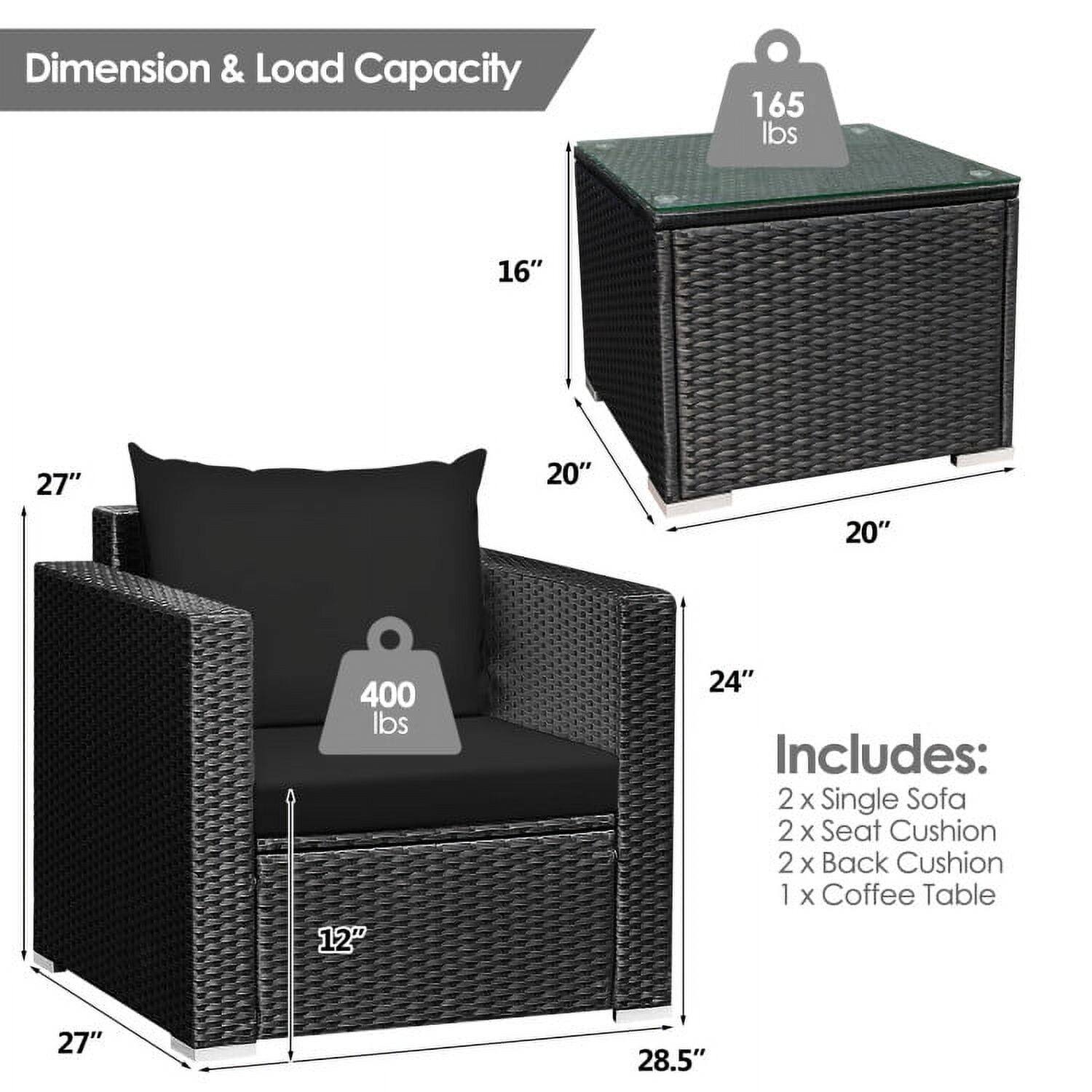 Dimension & Load Capacity  
165 lbs  
16" x 27" x 20"  
400 lbs  
12" x 24" x 27" x 28.5"  

Includes:  
2 x Single Sofa  
2 x Seat Cushion  
2 x Back Cushion  
1 x Coffee Table